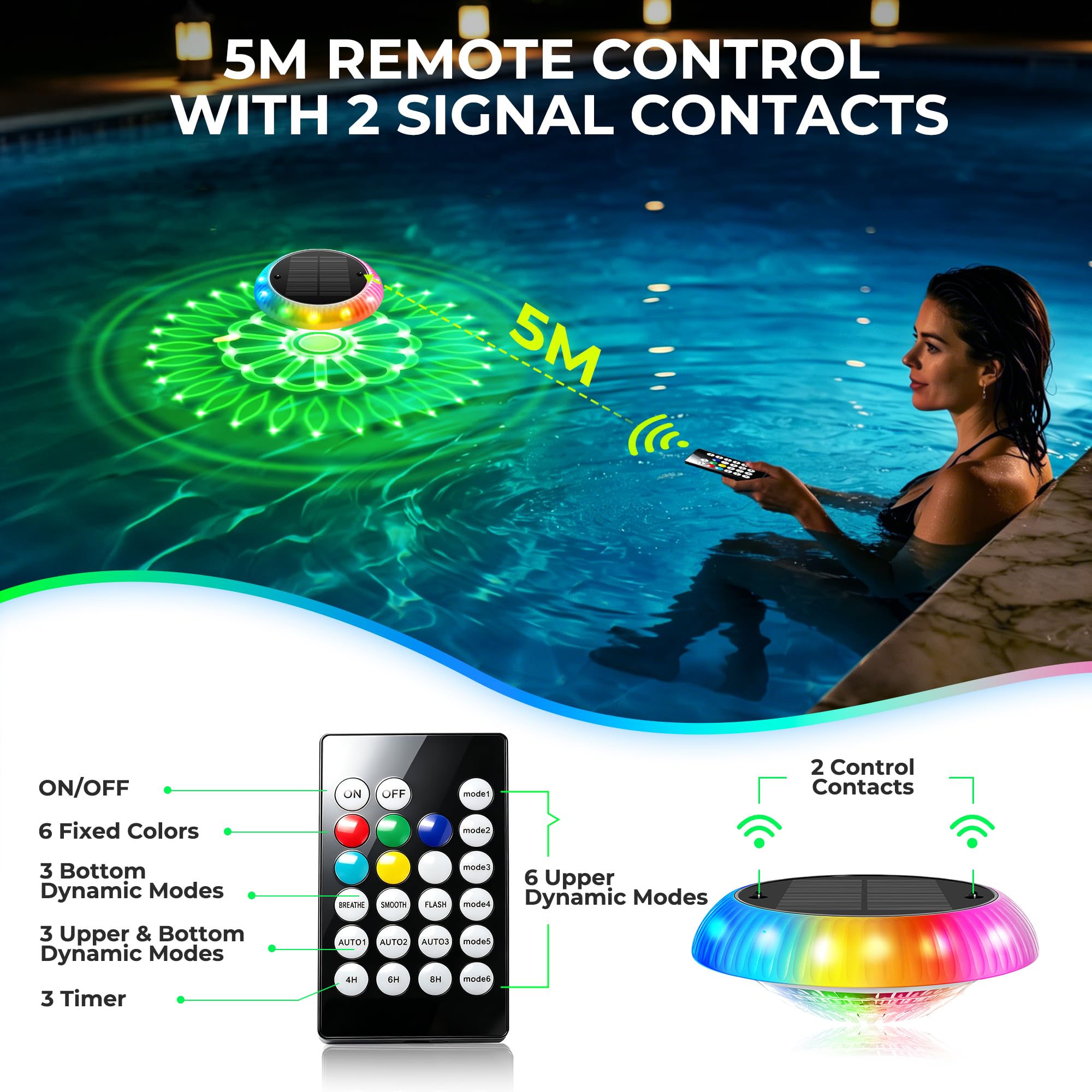 2 Pièce Lumière Piscine Solaire Flottante avec Télécommande | 16,3 cm, 2-en-1 (57 Modes), Minuterie, IP67, pour Piscine Hors Sol, Gonflable, Jacuzzi, Bassin