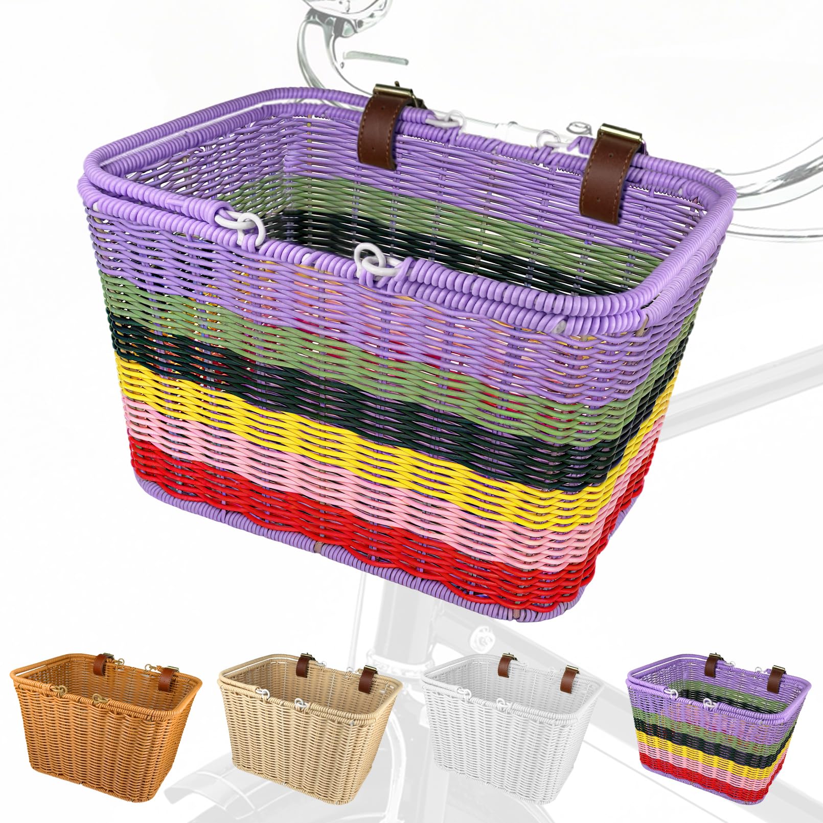Bike Basket Front, Large Wicker Baskets for Bike, Hand-Woven Bicycle Basket with Iron Framework, Detachable Front Handlebar Bike Basket