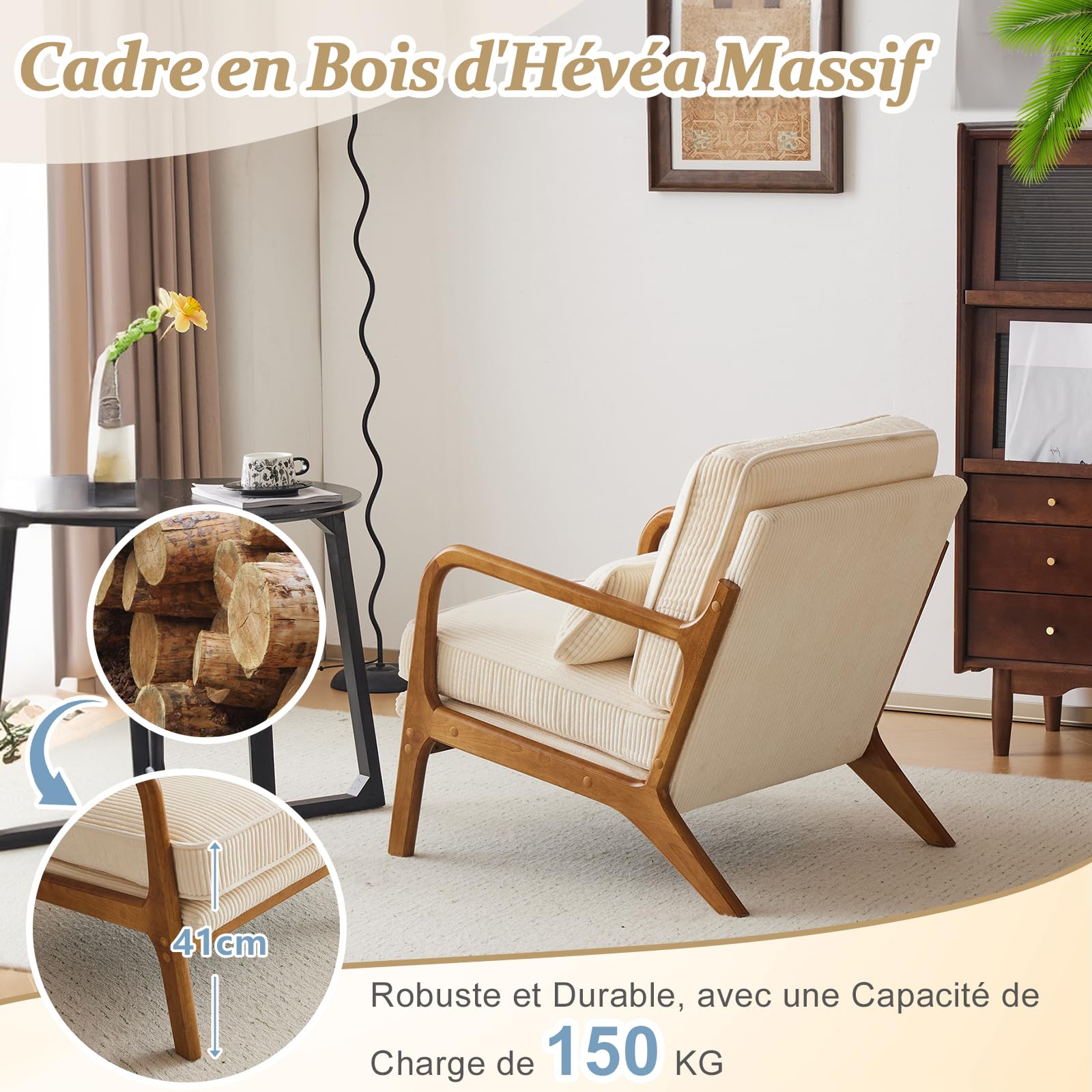 Bonnlo Fauteuil de Salon en Velours Côtelé, Chaise d'Appoint Relaxation avec Cadre en Bois, Siège Confortable pour Salon, Chambre, Terrasse, 65 x 80 x 78 cm (Beige Clair)