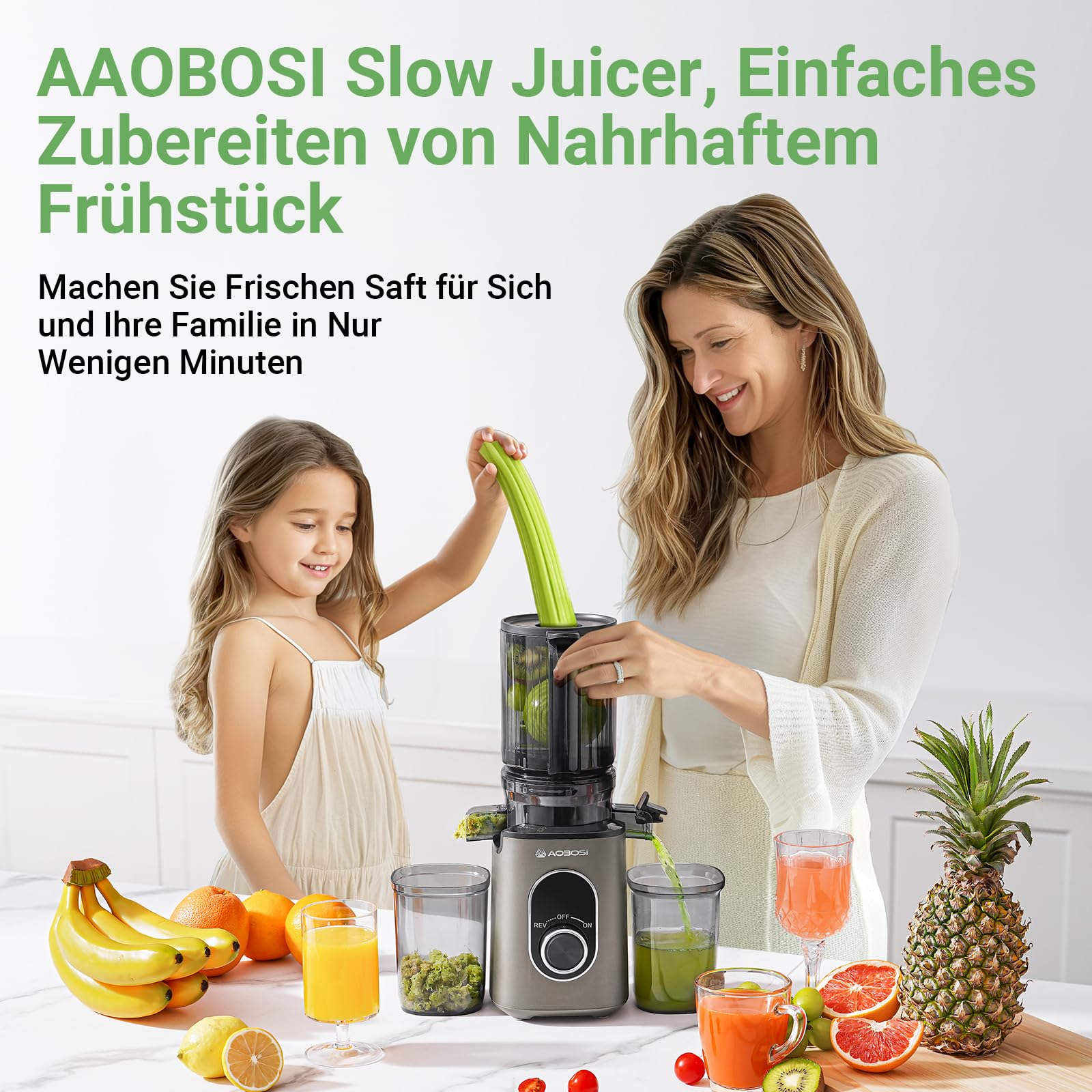 AAOBOSI SlowJuicer für Gemüse und Obst,Hohe Saftausbeute, Saftpresse Elektrisch mit Rückwärts Funktion,Leicht zu Reinigen，BPA-Frei