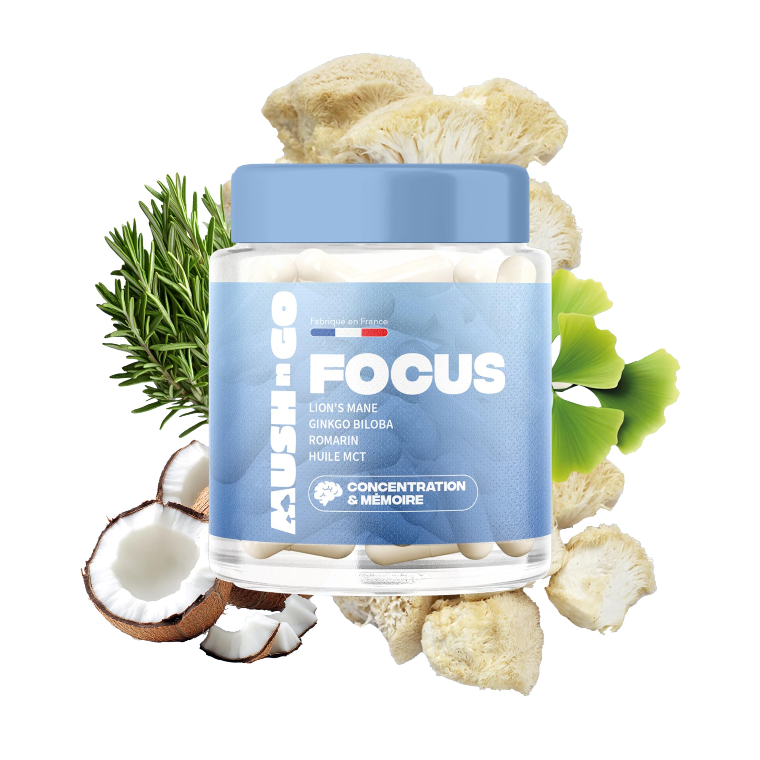 Focus Améliore Concentration & Clarté Mentale - Lion's Mane, Ginkgo Biloba, Romarin, Huile MCT - Fabriqué en France - Vitamines & Minéraux - Adaptogènes Naturels - Vegan, Sans Gluten