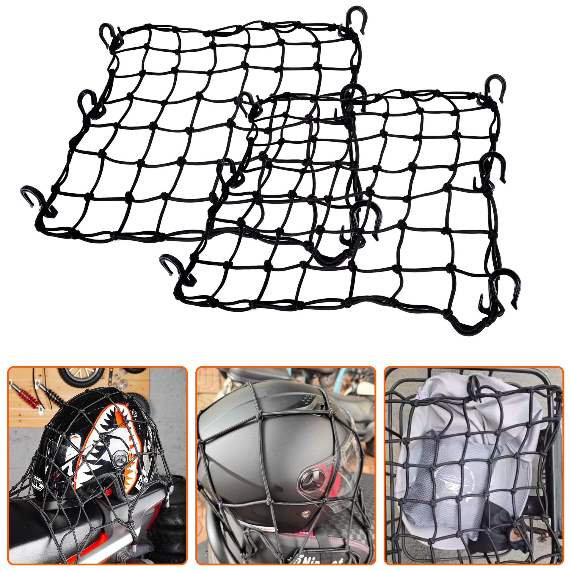 JIAYAN Elastisches Motorrad-Frachtnetz aus Latex, 38,1 x 38,1 cm, mit 12 verstellbaren ABS-Kunststoff-Haken für Motorrad, Fahrradkorb, ATV, Gepäck, Helm-Netz, 2 Stück
