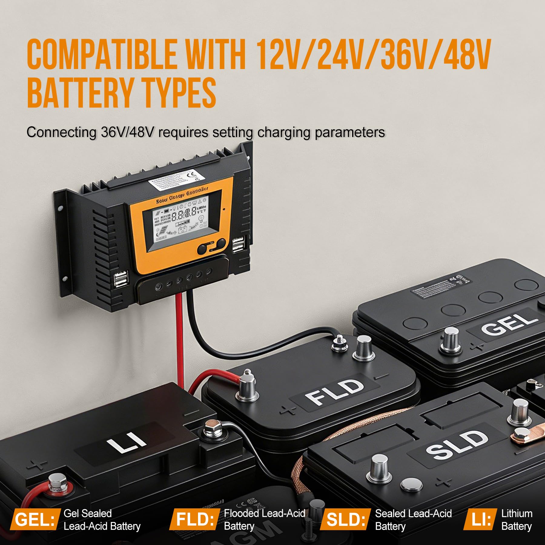 30A Contrôleur de Charge Solaire Avec Bluetooth, PWM 30A 12V 24V 36V 48V Régulateur Charge Solaire avec Capteur Température, Rétroéclairé LCD Écran, 4 ports USB, pour LI SLD FLD GEL AGM Batteri