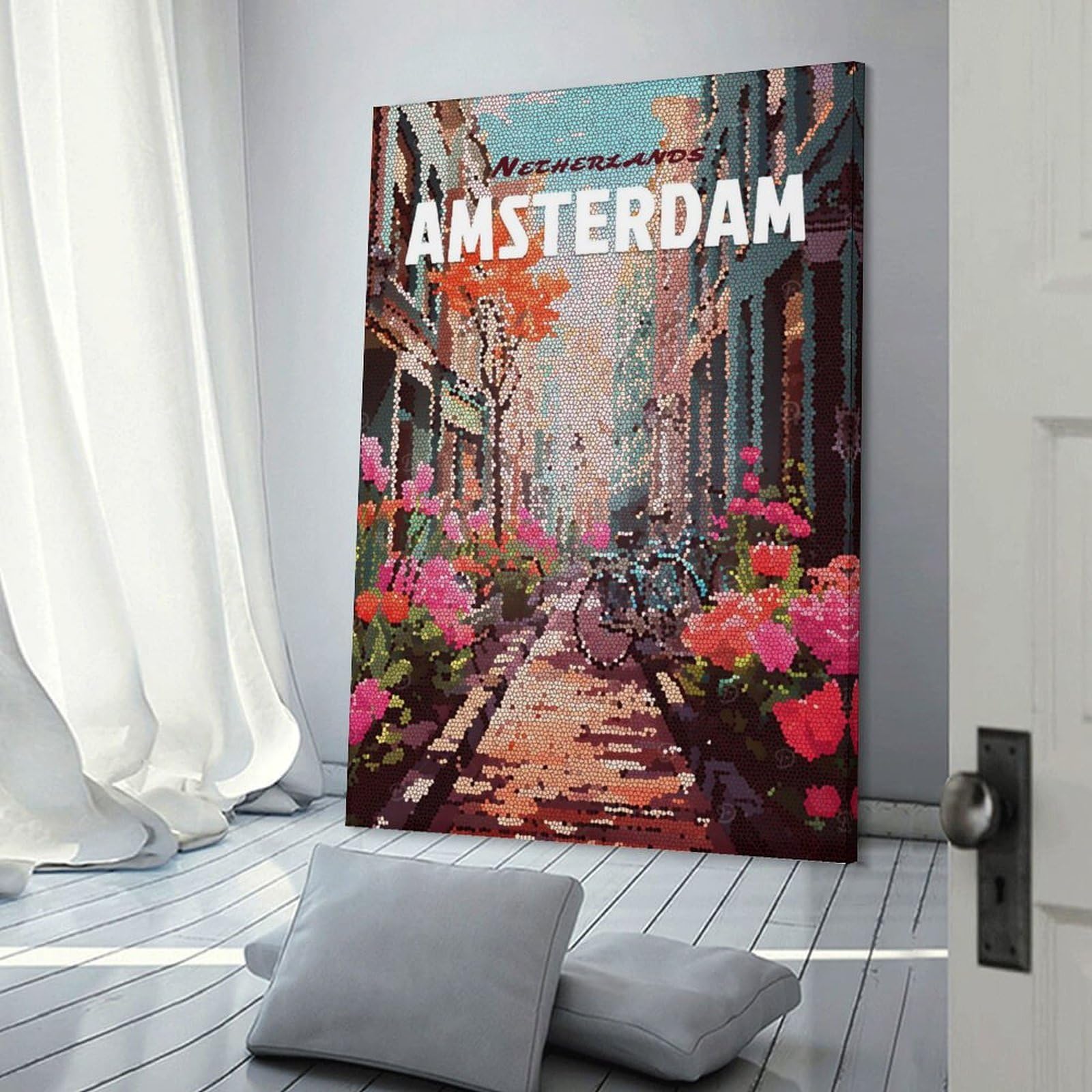 Junmoney Amsterdam Street Mosaic Canvas Art Print, 24x36inch(60x90cm), for Restful Interiors, Bedrooms Or Small Rooms, A Warm Accent for Relaxed Interiors