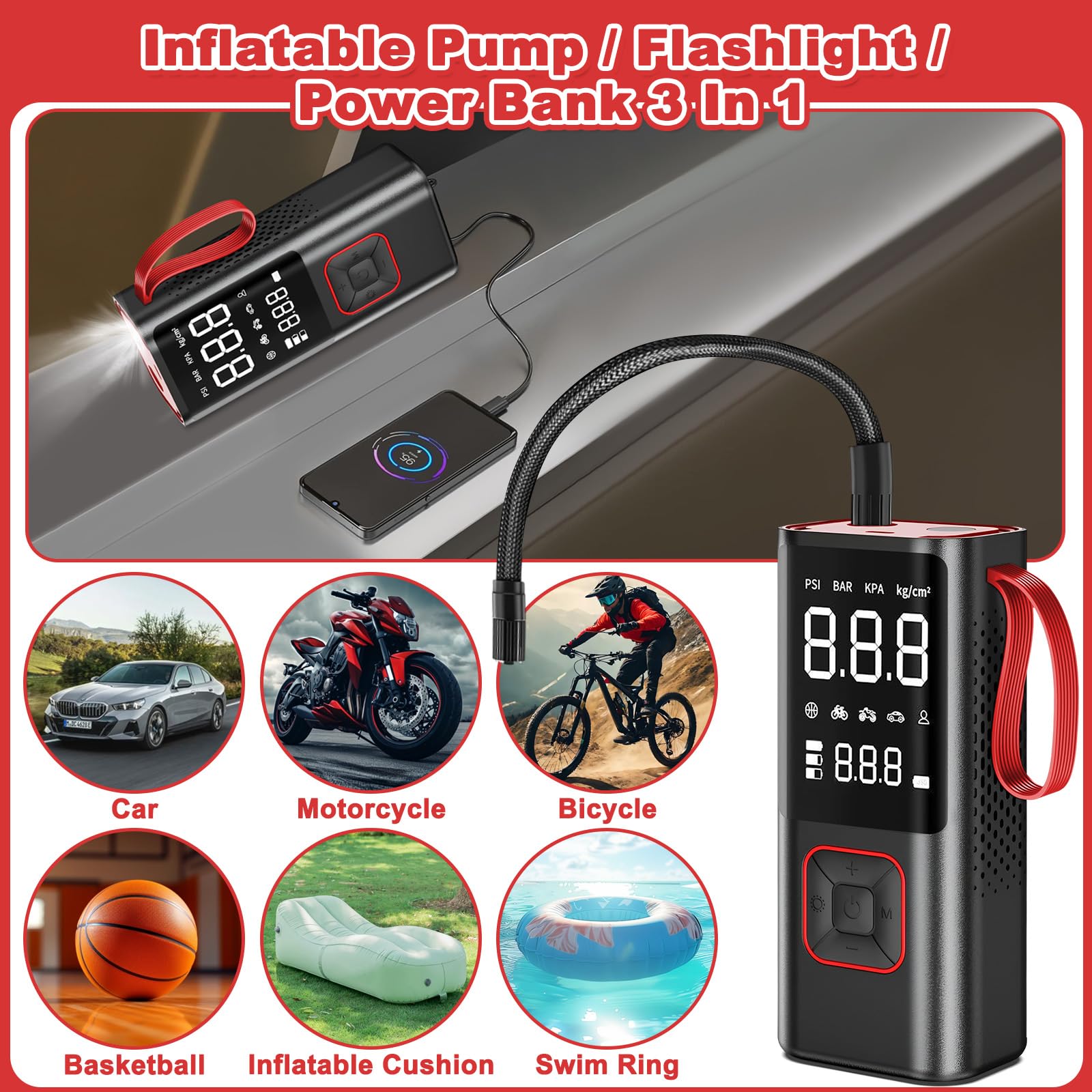 Gonfiatore Pneumatici Power Bank Torcia Elettrica 3 in 1, 6000mAh Compressore Aria Portatile, Pompa Ricaricabile Senza Fili Mini 150PSI, Accessori Auto per Bicicletta, Motociclette,Monopattino,Palloni