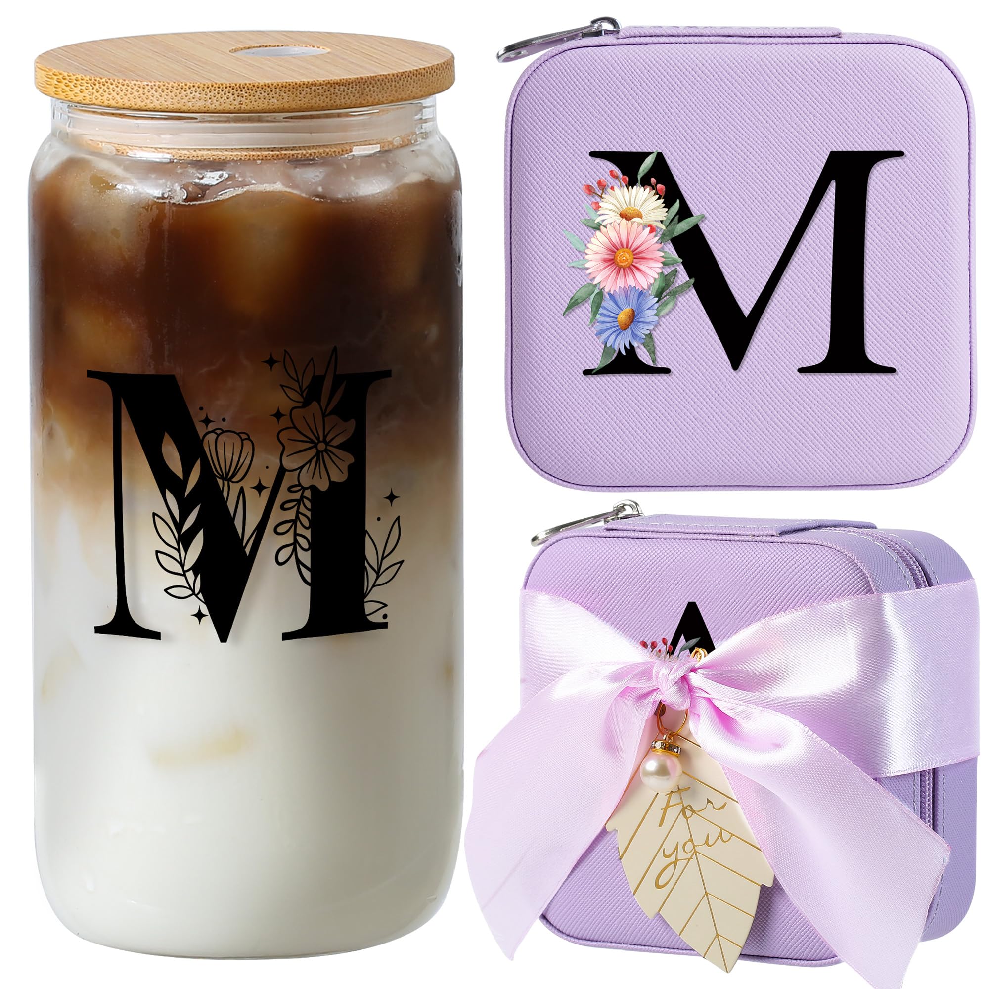 AYGXU Travel Jewelry Case for Women Girls,Jewelry Box Organizer,Travel Initial Jewelry Box for Girls,16oz glass cups with bamboo lids,aesthetic glass cup,Travel Essentials,Initial M purple