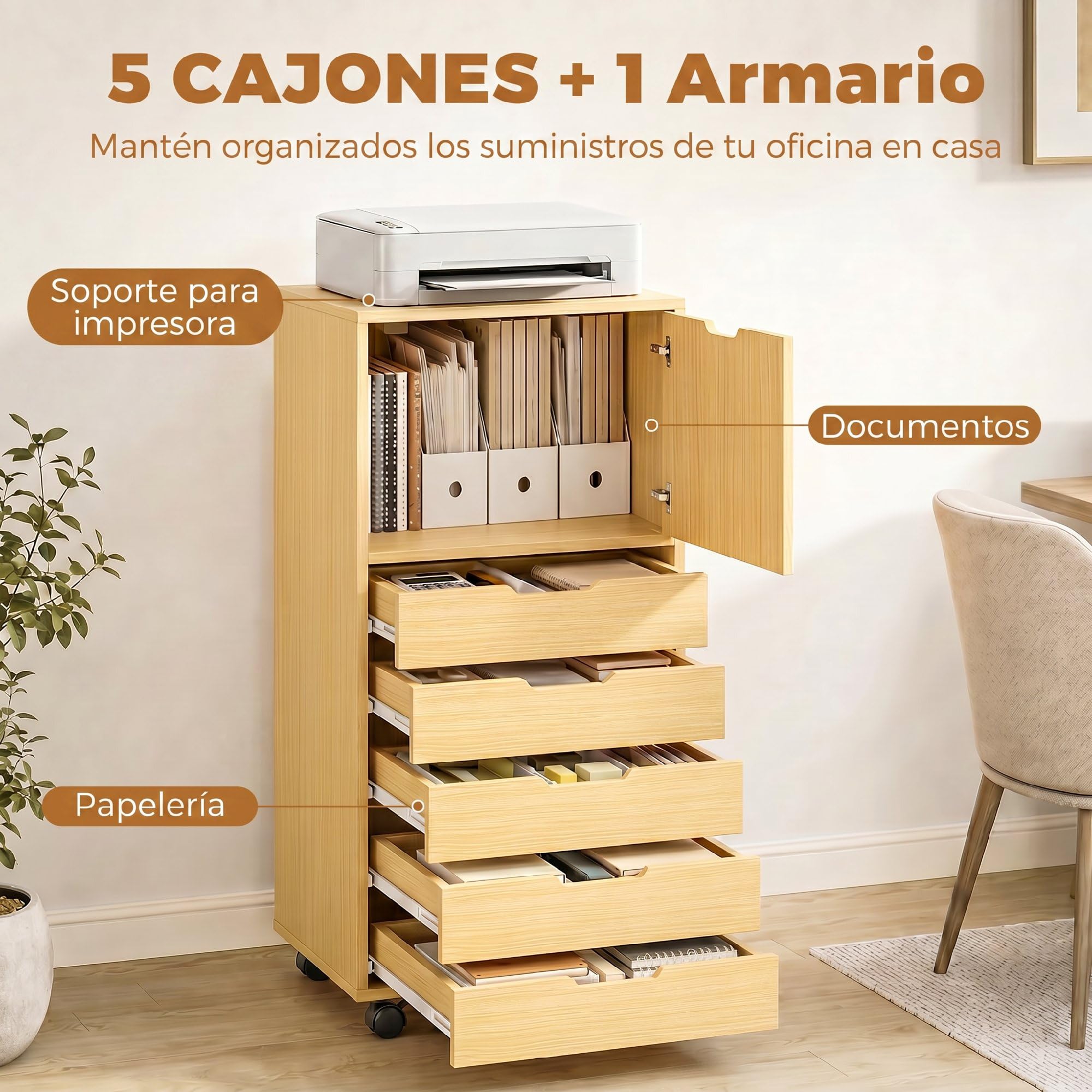 HOMCOM Schreibtisch mit 5 Schubladen auf Rollen und Schrank Natur | Büro-Schubladeneinheit, Soft-Close, Druckerständer, Aktenschrank, für Home-Office