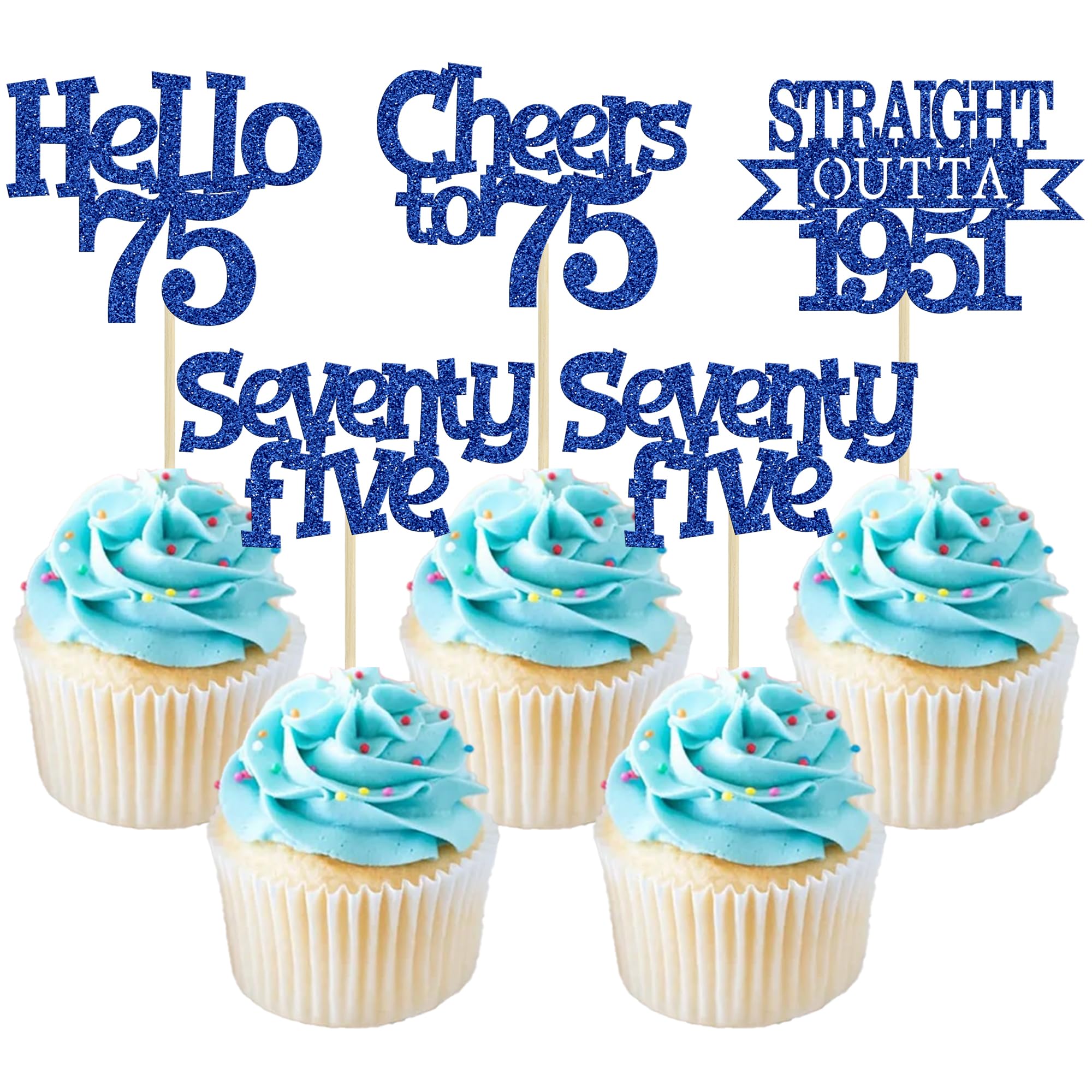 Ephlyn 24Pcs 75th Birthday Cupcake Toppers Glitter Straight Outta 1951 Cupcake Picks Hello 75 Cheers to 75 Years Cake Decorations for 75th Birthday