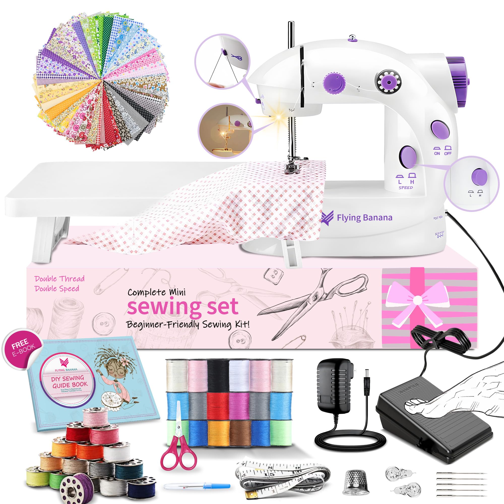Macchina da Cucire Facile per Principianti e Bambini, Macchina da Cucire Portatile Leggera, Piccola Macchina da Cucire Domestica con Kit di Prolunga Pedale per Tavolo da Cucito