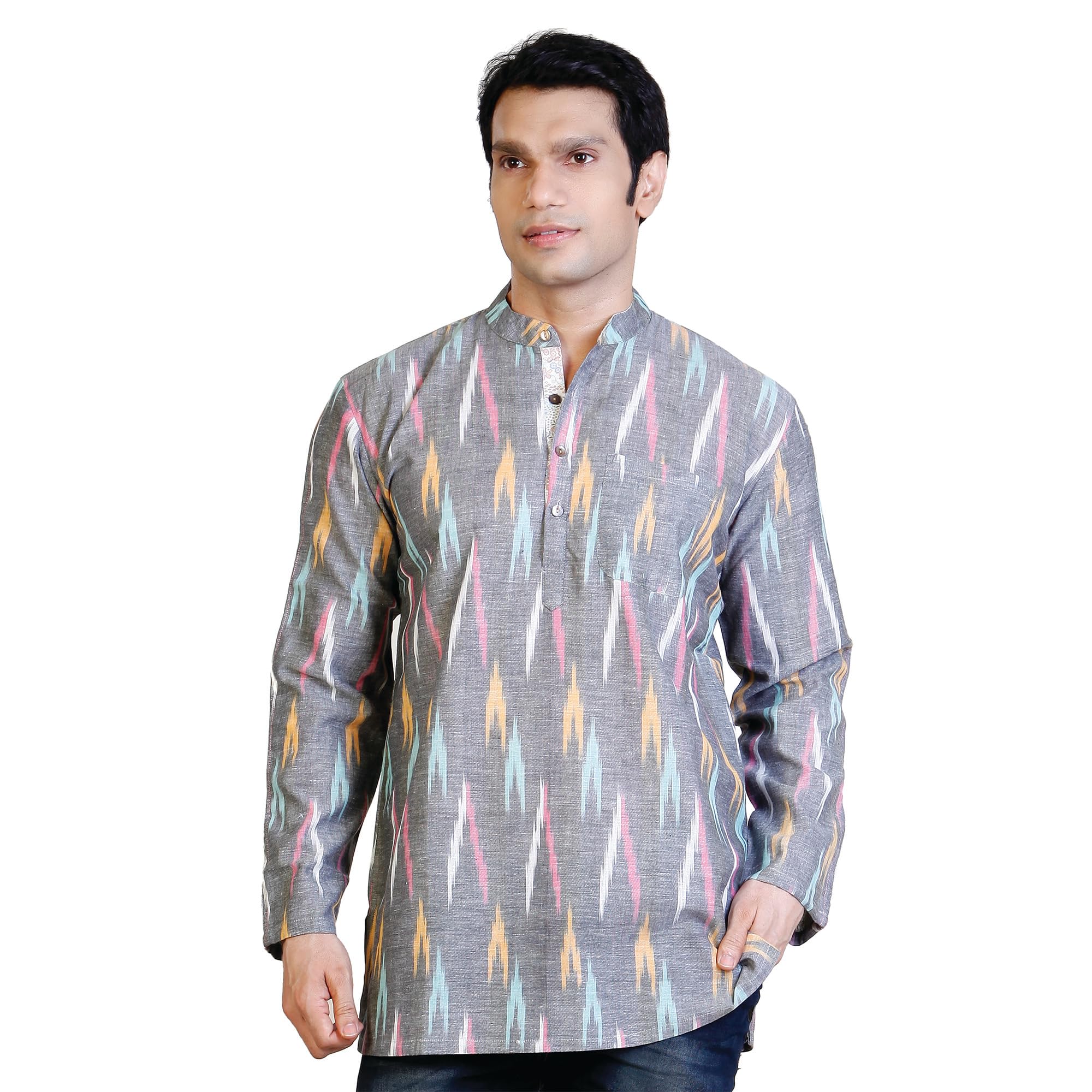 Men’s Cotton Grey Full Sleeve Printed Kurta | Regular Fit with Mandarin Collar & Button Closure | Hip Length-image-35