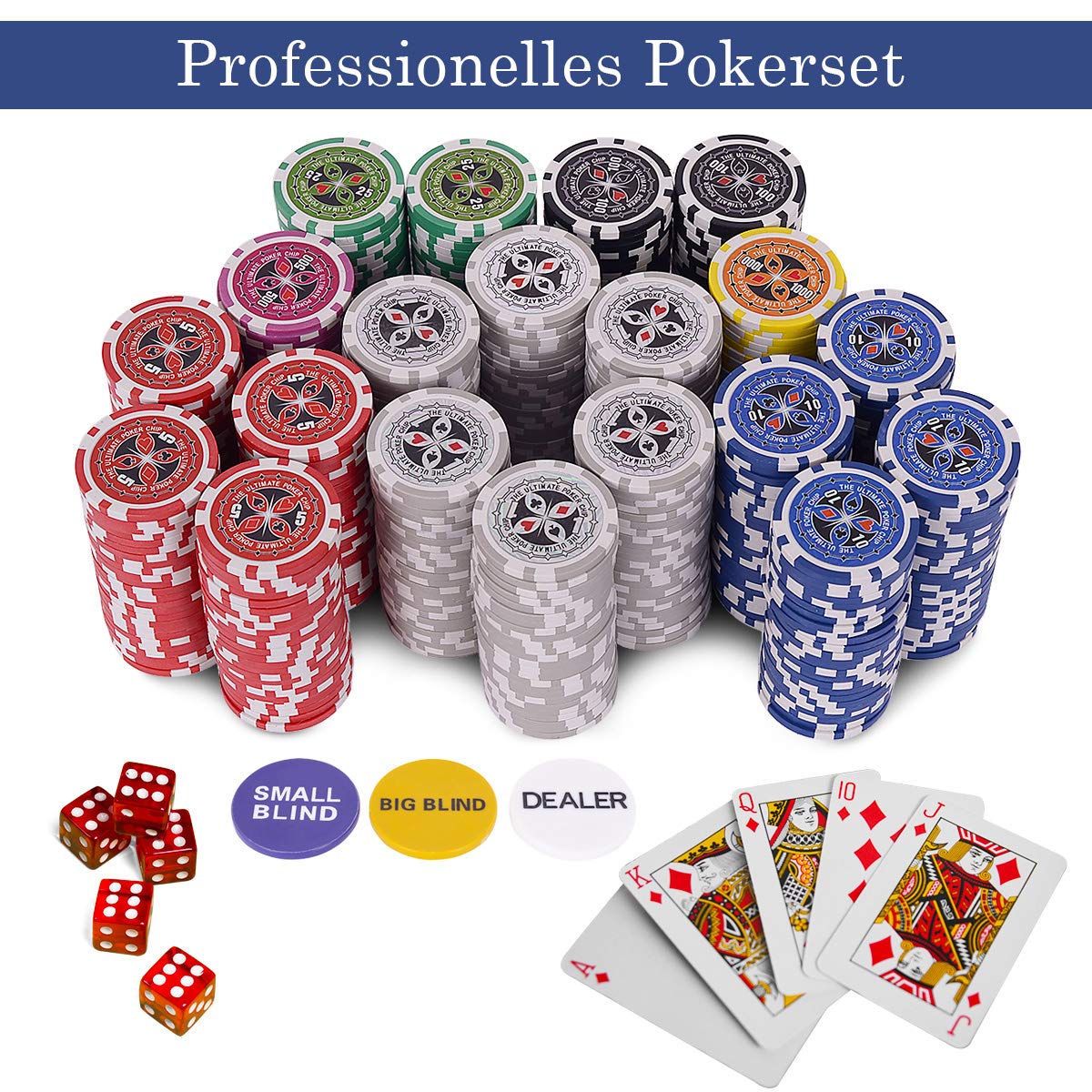 Professionele pokerkoffer pokerset incl. 300-500 fiches hoge kwaliteit pokerfiches; pokerdeck, kaartspel, pokerkaarten, dobbelstenen, dealerknop; afsluitbare aluminium koffer (Zilver, 300 fiches