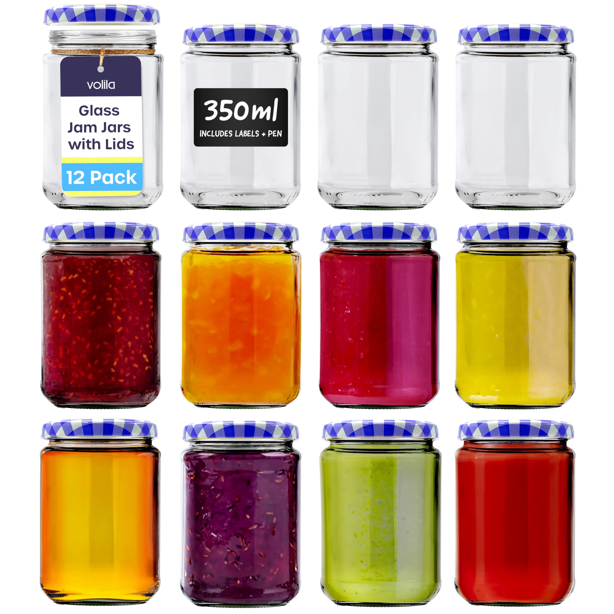 Volila Blue Jam Jars With Lids - Round Jam Jars With Gingham Screw Top Lids - Airtight Jars With Lid For Jam, Preserves, Marmalade And Pickle - Preserving Jars With Labels And Pen (12 Pack) 350Ml