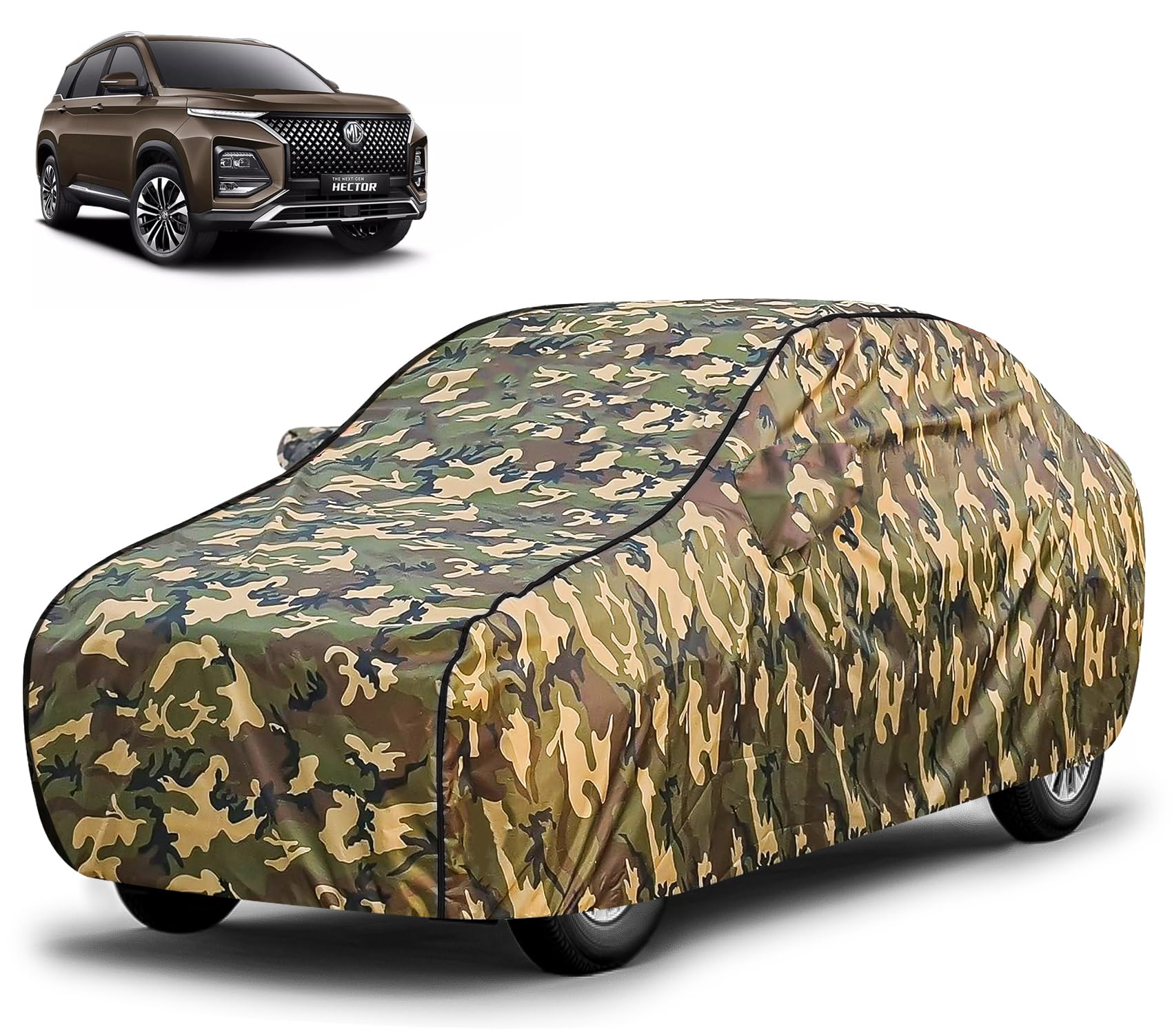 FABTEC Waterproof Car Body Cover for Mg Hector with Mirror Pocket, Triple Stitched (Military, Jungle Print, Camouflage Design)
