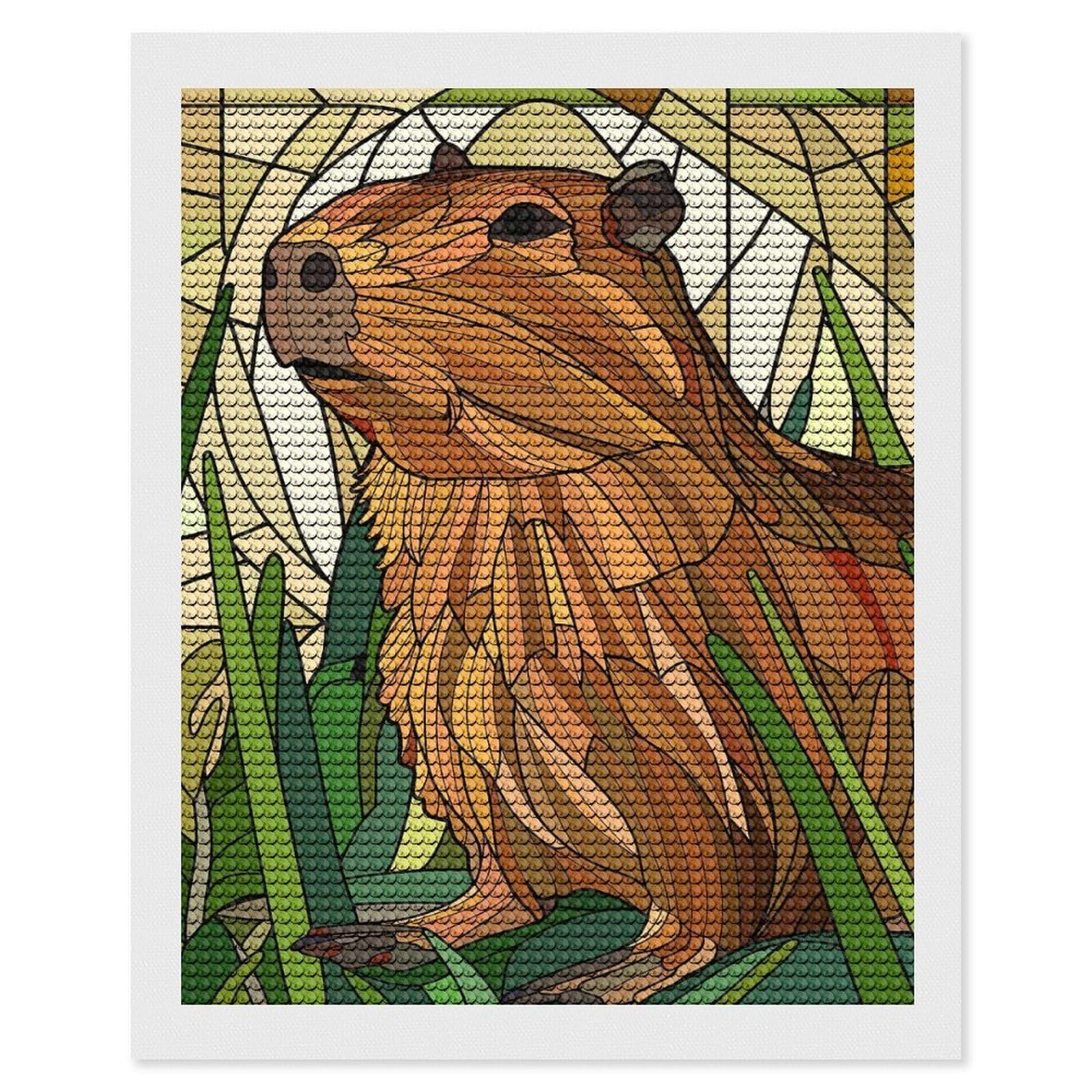 Junmoney Capybara in Stained Glass Style Full Drill Diamond Painting Kit 16"x20", Sparkling Round Gems, Decorate Your Room, Mindful Craft Activity