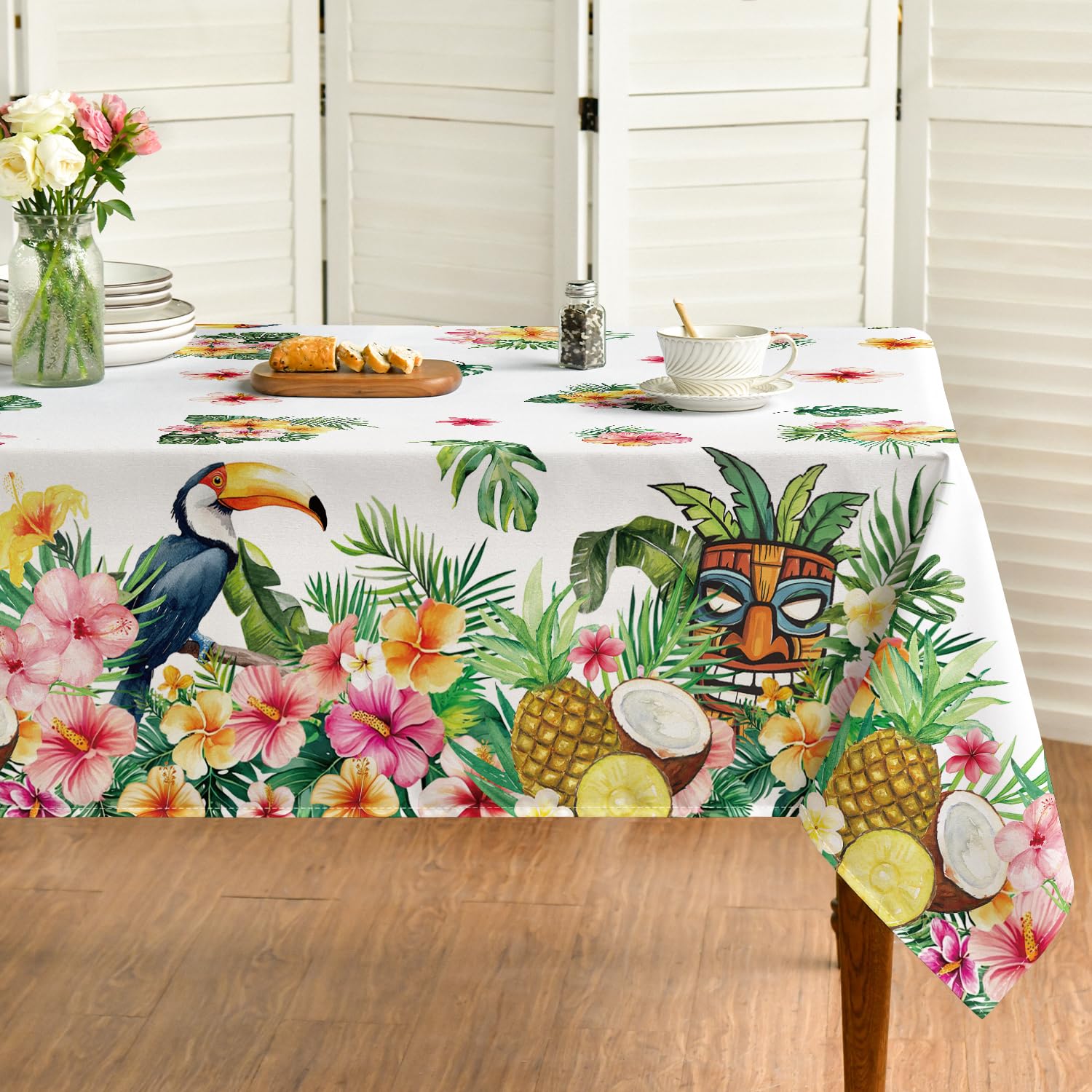 Horaldaily Summer Tablecloth 52×70 Inch Rectangular, Tropical Posies Parrot White Washable Seasonal Table Cover for Party Picnic Dinner Decor
