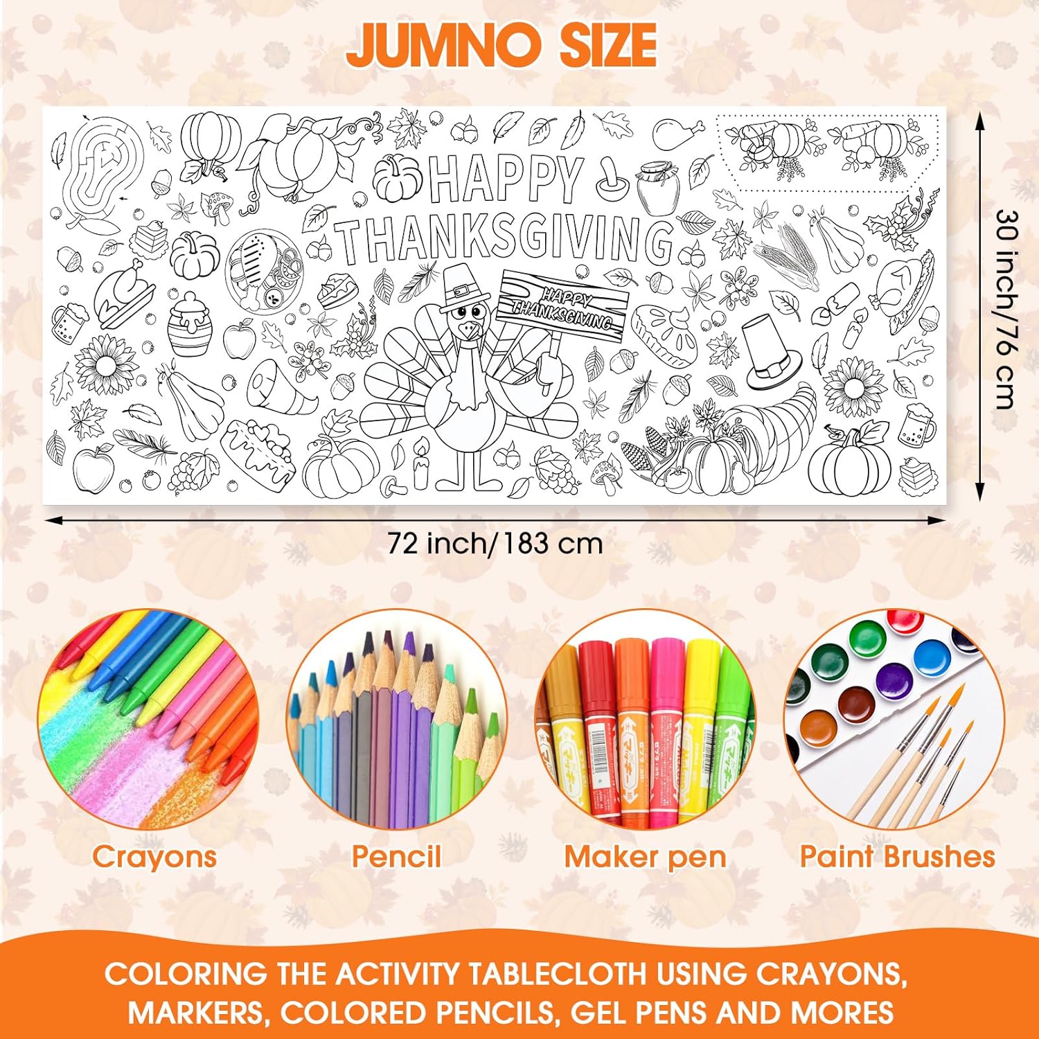 Giant Happy Thanksgiving Coloring Poster - Large Thanksgiving Coloring Tablecloth, Jumbo DIY Turkey Paper Banner Craft for Kids Game Activities Thanks giving Party Favors Supplies Decor, 30 x 72 Inch