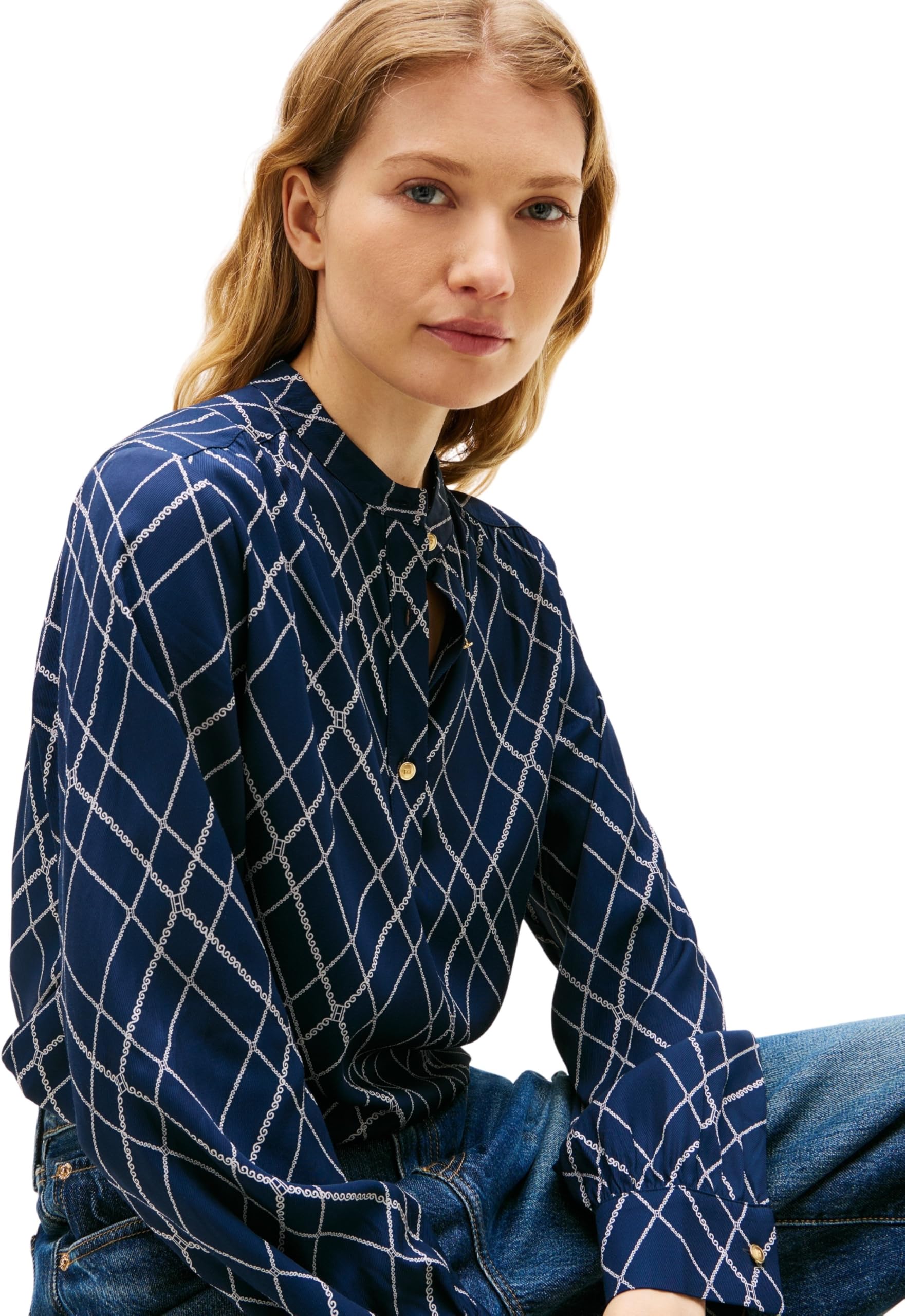 Tommy Hilfiger Bluzka damska VIS Twill V-NK WW0WW48178 L/S bluzki, niebieska (Argyle Print Navy), 44, Niebieski (Argyle Print Navy), 70