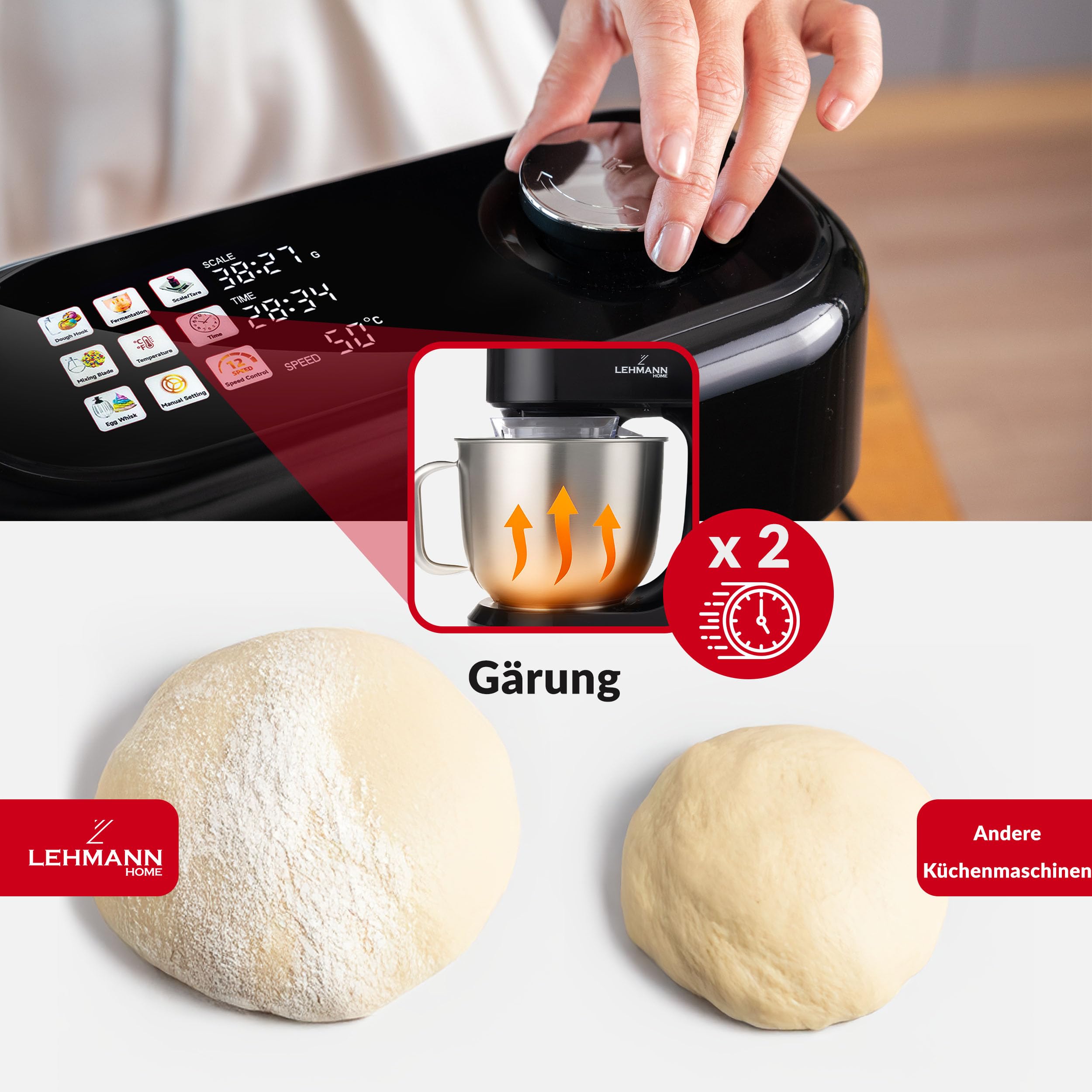 LEHMANN Multifunktions Küchenmaschine mit Display, 12 Geschwindigkeiten, Fermentationsfunktion mit Heizfunktion, integrierte Waage, Timer, Knetmaschine mit 3 Rühreinsätze und 5L Rührschüssel