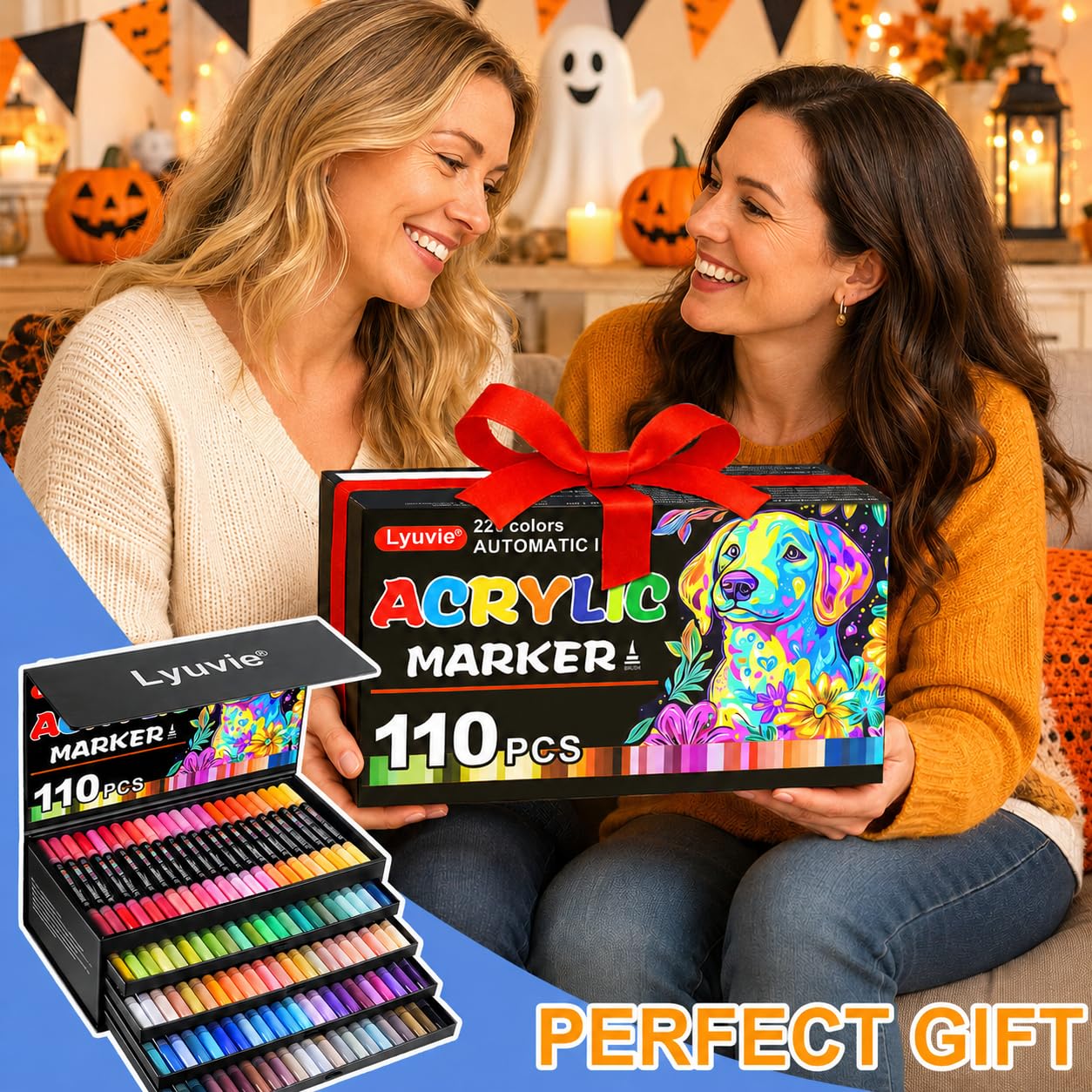 Lyuvie 220 Colorati Pennarelli Acrilici Set-110 Pezzi Marker Pennarelli Acrilici Doppia Punta Fine & Pennello per Dipingere Sassi Dipingere Sassi Tessuti Legno Vetro Carta Plastica
