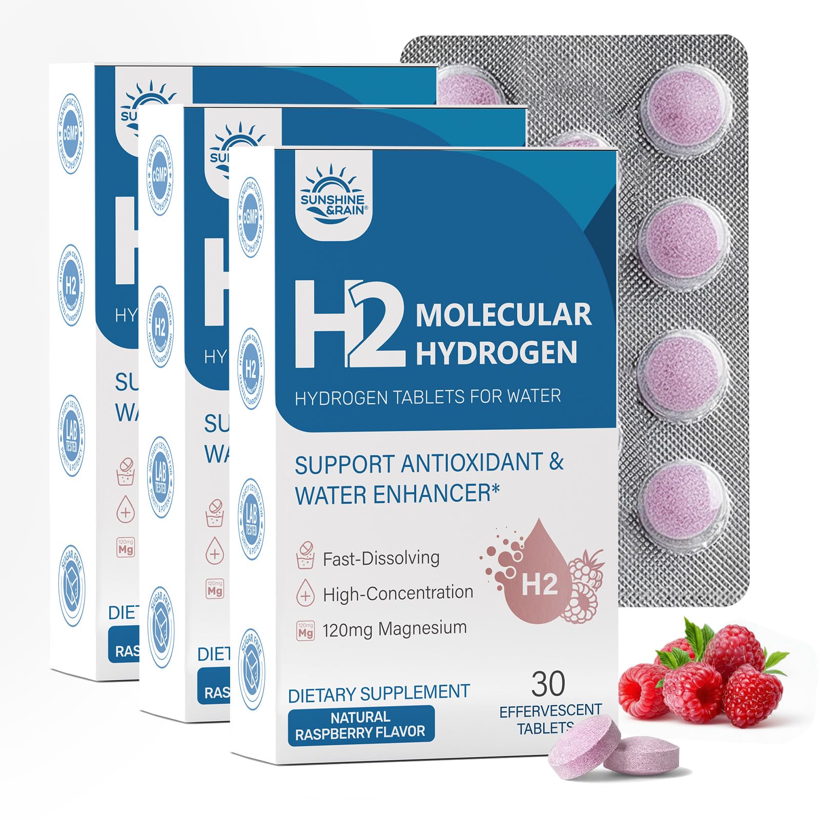 Hydrogen Tablets, Molecular Hydrogen H2 Tablets, 16 PPM Hydrogen Water Natural Raspberry Flavor 30 Count (Pack of 3)