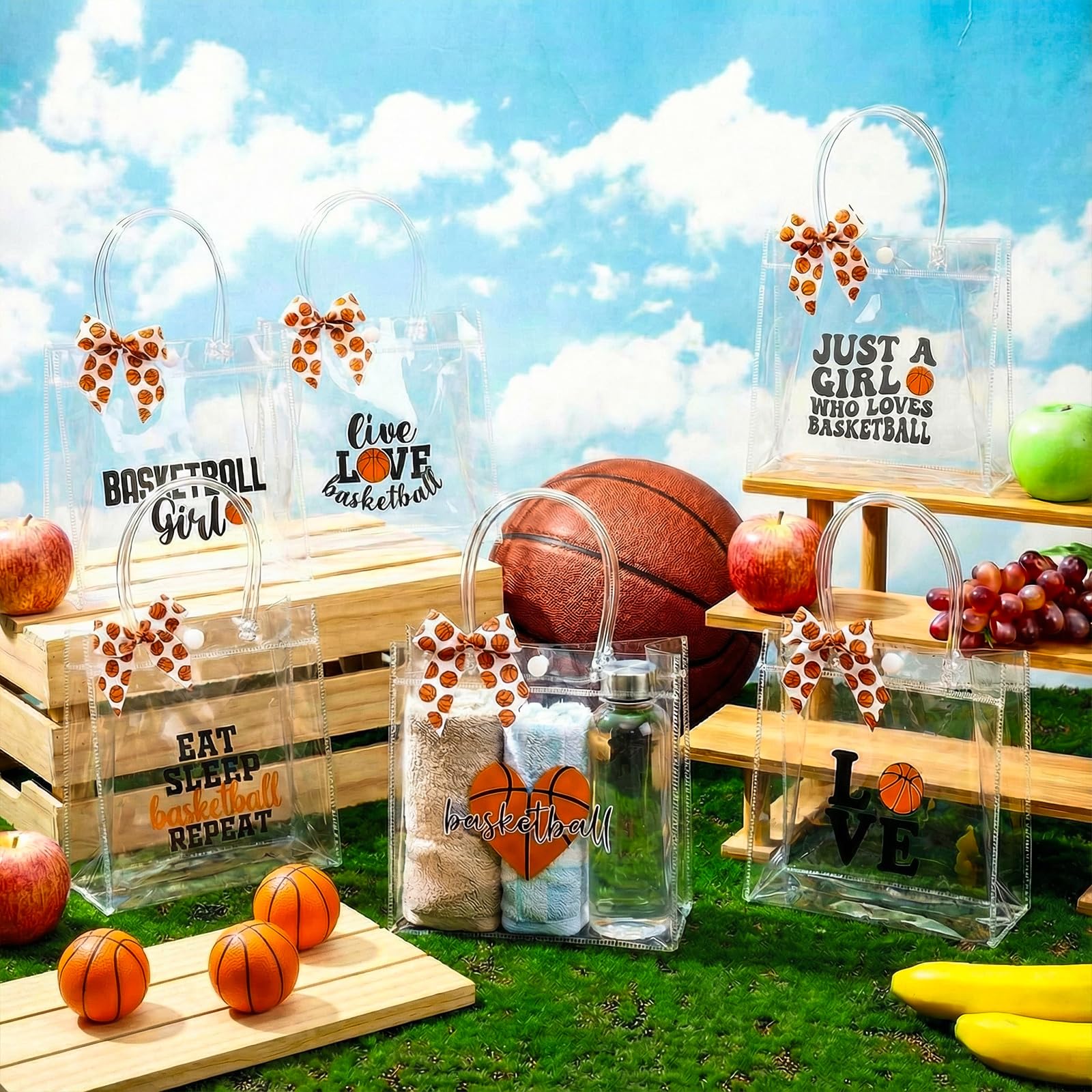 Vicenpal 12 Sets Clear Basketball Gift Bag with Handles 12 Pcs Bows PVC Plastic Basketball Treat Goodie Snack Bags 7.9 x 7.9 x 3.1'' Sport Theme Party Favors for Birthday Holiday Sports Team Gifts