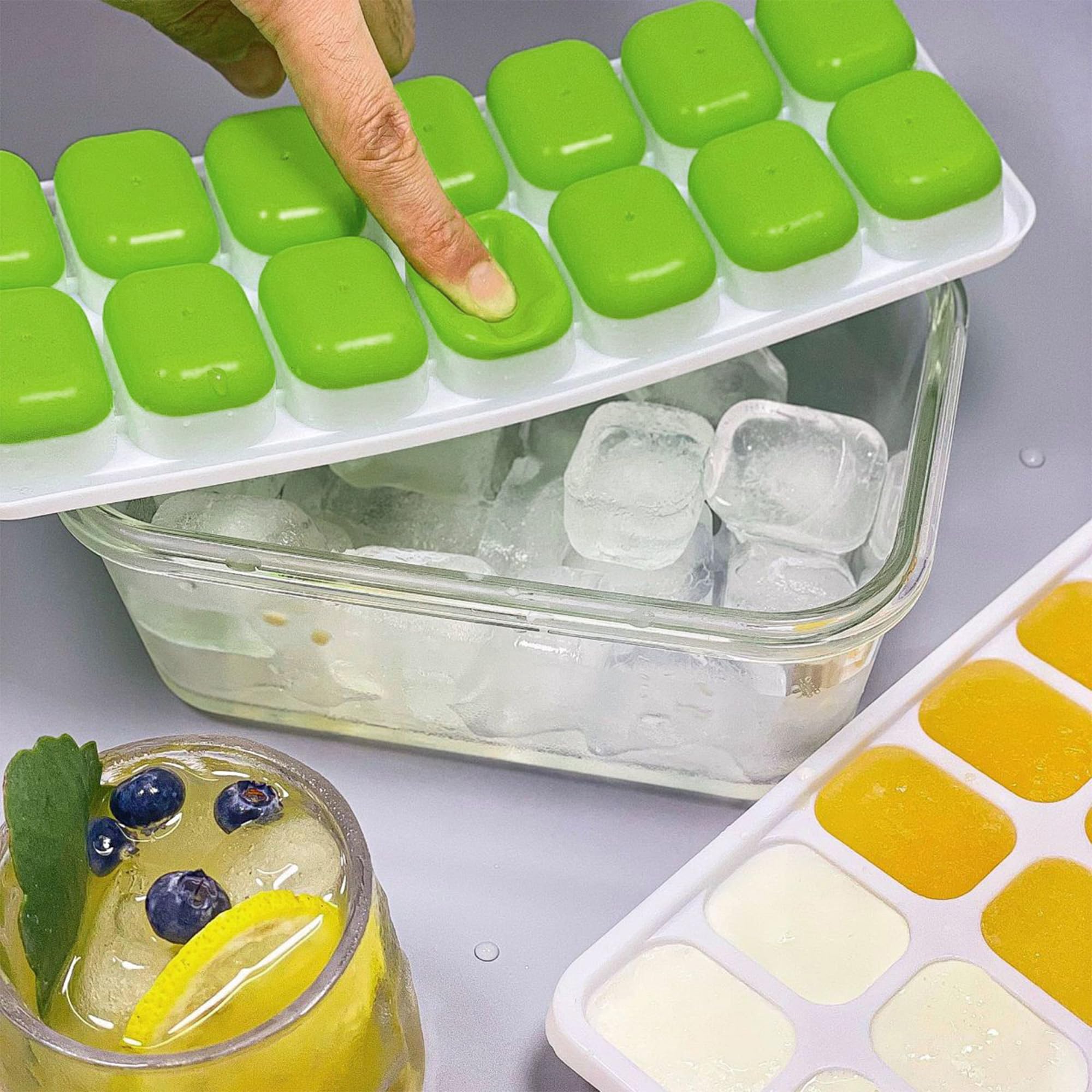2 bandejas para cubitos de hielo con tapas, 14 moldes para cubitos de hielo, bandejas de hielo reutilizables de silicona de fácil liberación para cócteles, café, bebidas (verde, azul) 3