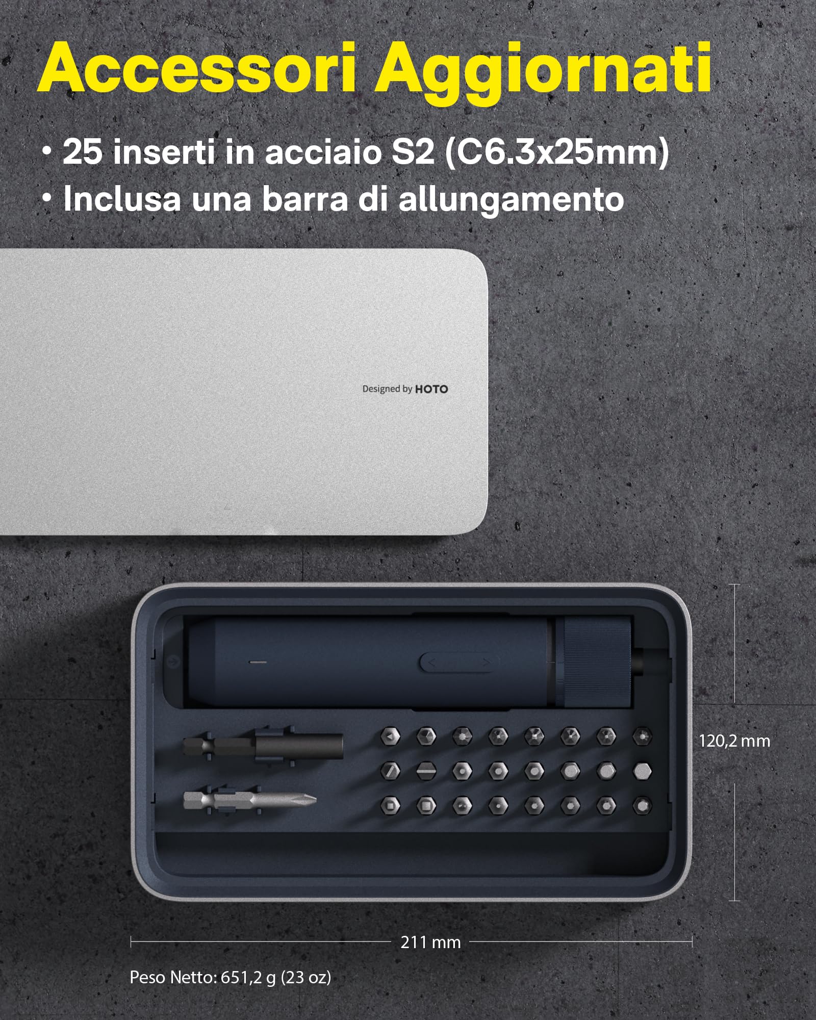 HOTO Kit Cacciavite Elettrico 3,6V, Set Avvitatore Elettrico con 25 Punte S2, 3 Livelli di Coppia, 220 RPM, Batteria 1500mAh, Ricarica USB-C, Luce LED per Riparazioni Domestiche