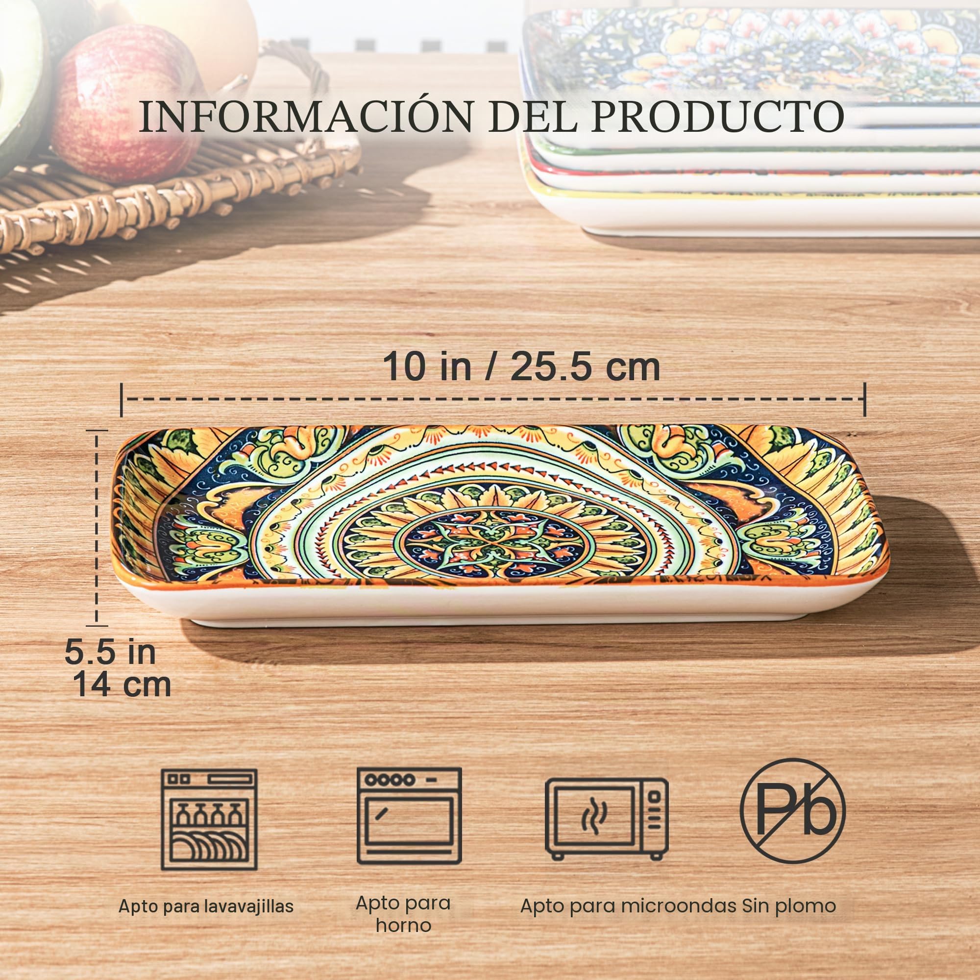 Platos Rectangular, Bandeja para Servir 6 Unidades - 25,5 cm, Platos para Aperitivos, Sushi, Frutas, Ensaladas, Microondas, Horno y Lavavajillas - Multicolor