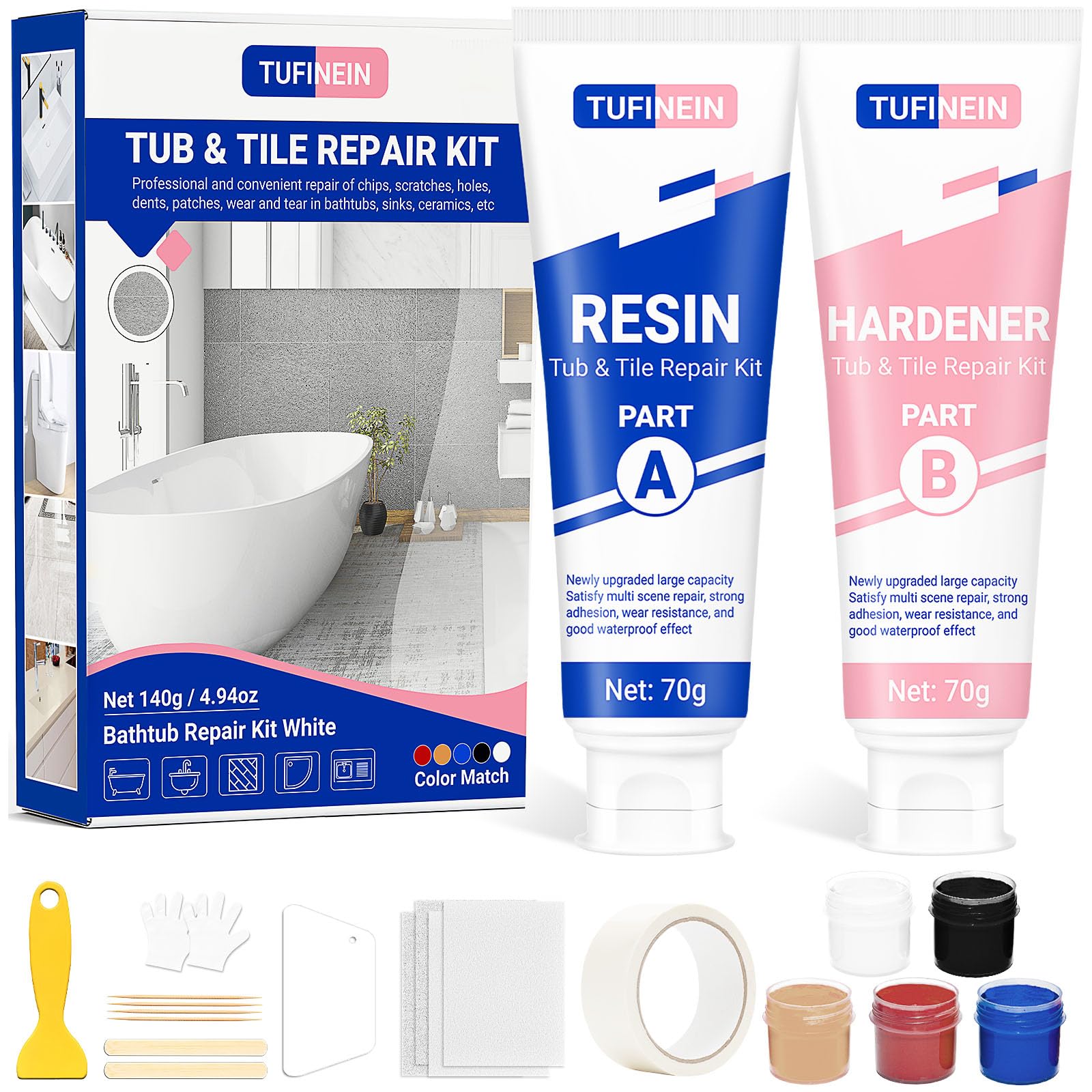 Badewannen Reparaturset Weiß 140g (Farbübereinstimmung), TUFINEIN Emaille Reparaturset für Porzellan, Keramik, Acryl, Reparatur von Rissen, Sprüngen und Löchern auf Fliesen/Waschbecken/Duschwanne