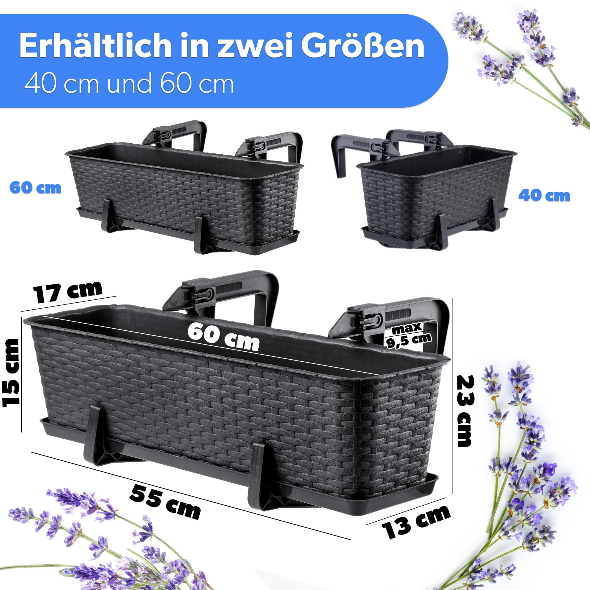 KADAX Blumenkasten 60 cm, ca. 12L Anthrazit mit Halterungen & Untersetzer, Rattan-Optik – Pflanzkübel für Balkon oder Terrasse, robuster Balkonkasten