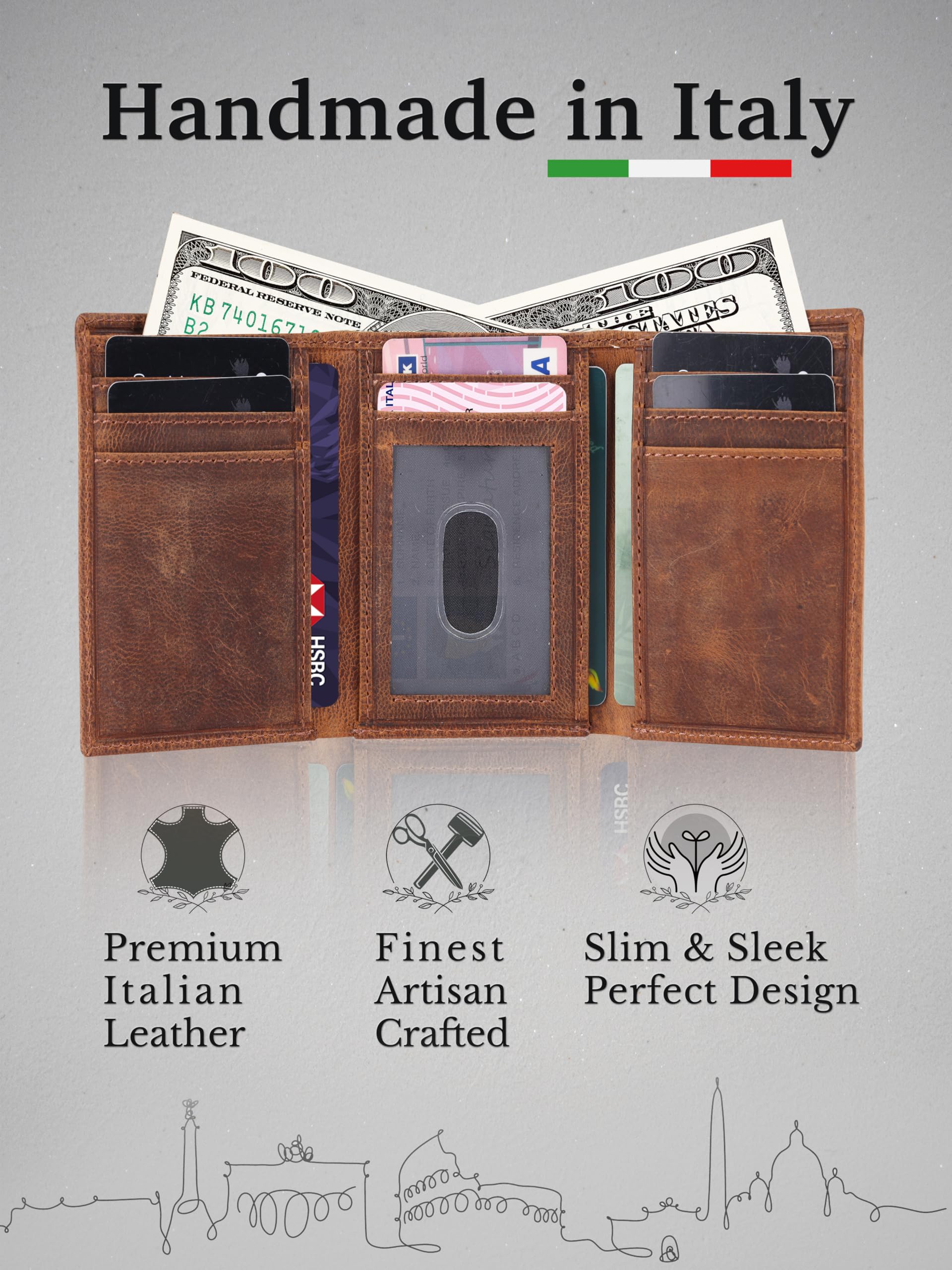 CALGARI Leather Trifold Wallets For Men | RFID Blocking | Premium Buffalo Oily Leather | Vintage Luxury Gift For Men | Front Pocket Wallets | 1 ID Window | 8 Credit Card Pockets