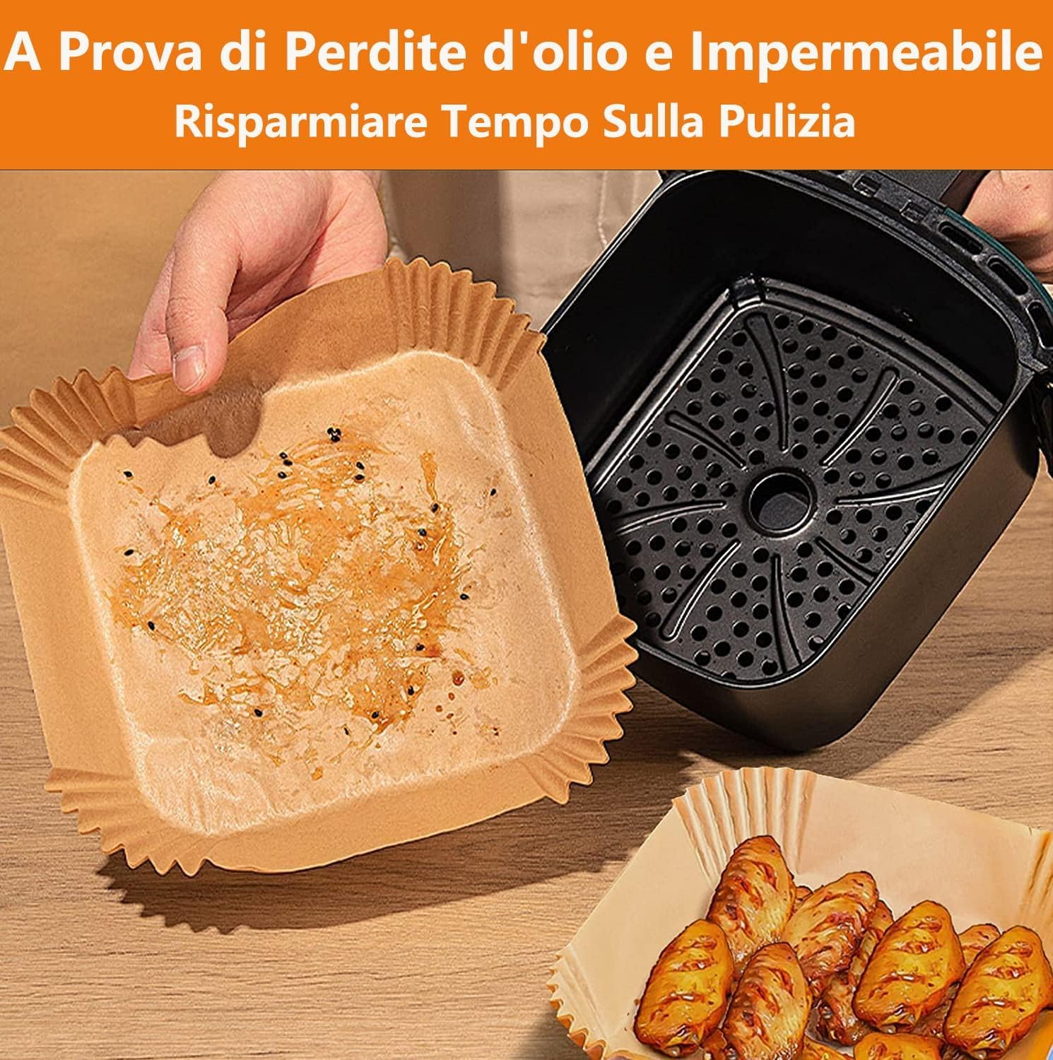HONYAO 23x23 cm Fogli di Carta Addensata Friggitrice ad Aria XXL 8-12 L, 100 Pezzi Antiaderente Usa e Getta Carta Forno Pergamena, Impermeabile Antiolio Accessori per Air Fryer - Quadrato - 2