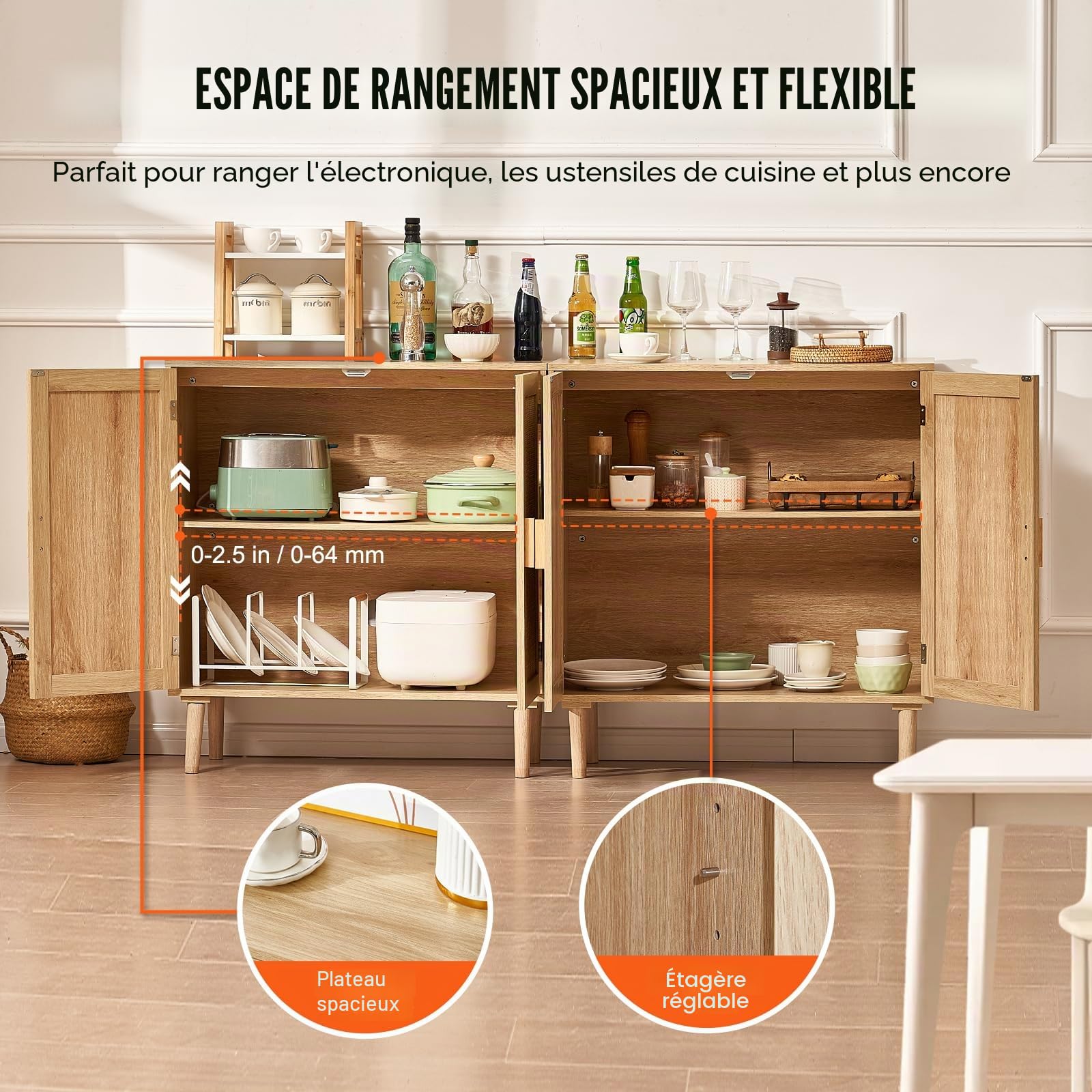 VEVOR Armoire en rotin, Lot de 2, Armoire de Rangement en rotin avec 4 Portes magnétiques et étagères réglables, Commode en rotin Polyvalente, Buffet pour Couloir, entrée, Naturel, 160 x 37,5 x 88 cm