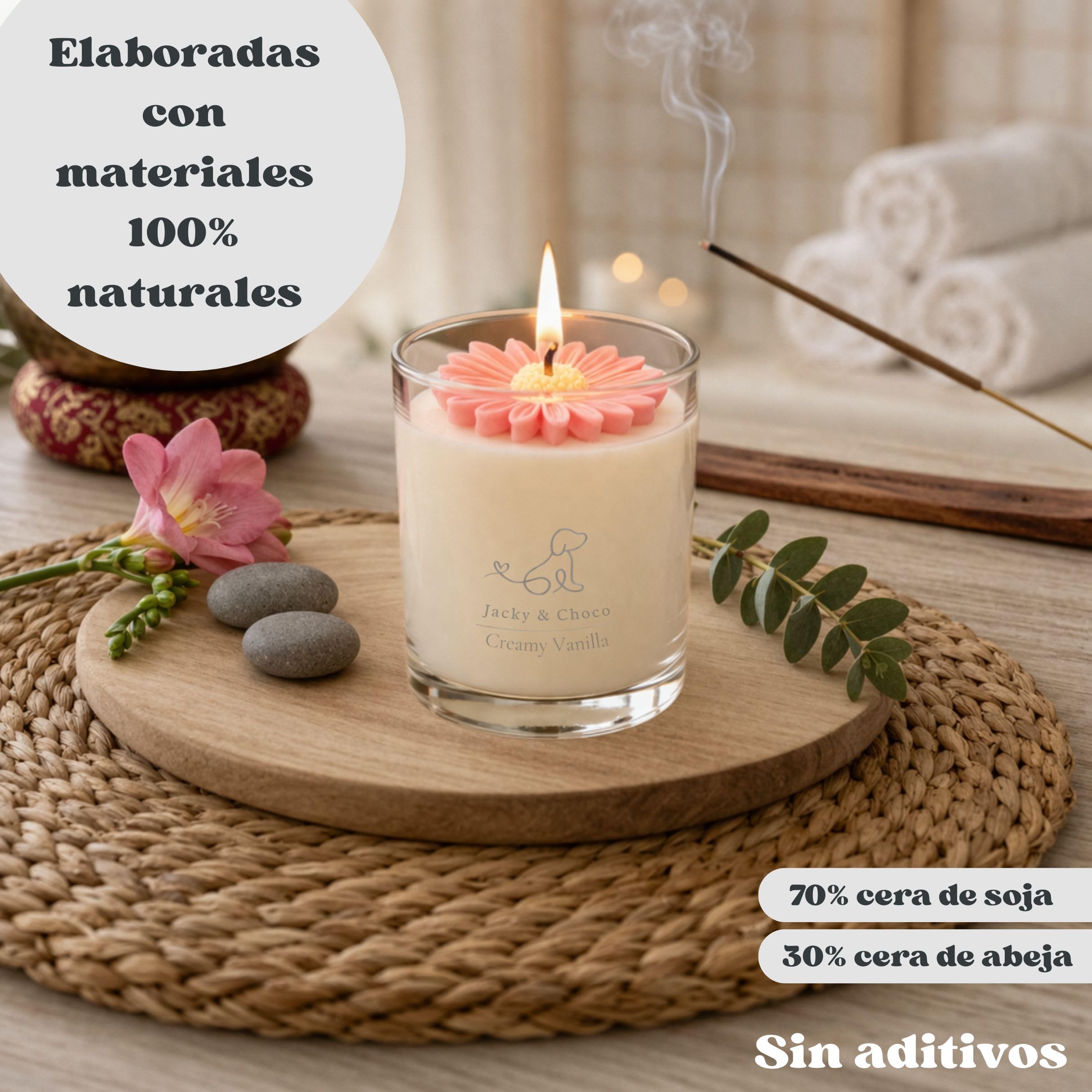 Jacky&Choco Velas Aromáticas Decorativas de Vainilla, Velas Perfumadas Originales, 200gr de Cera de Soja y Abeja, Vela Aromática grande, ideal como Decoración de Hogar o Aromaterapia