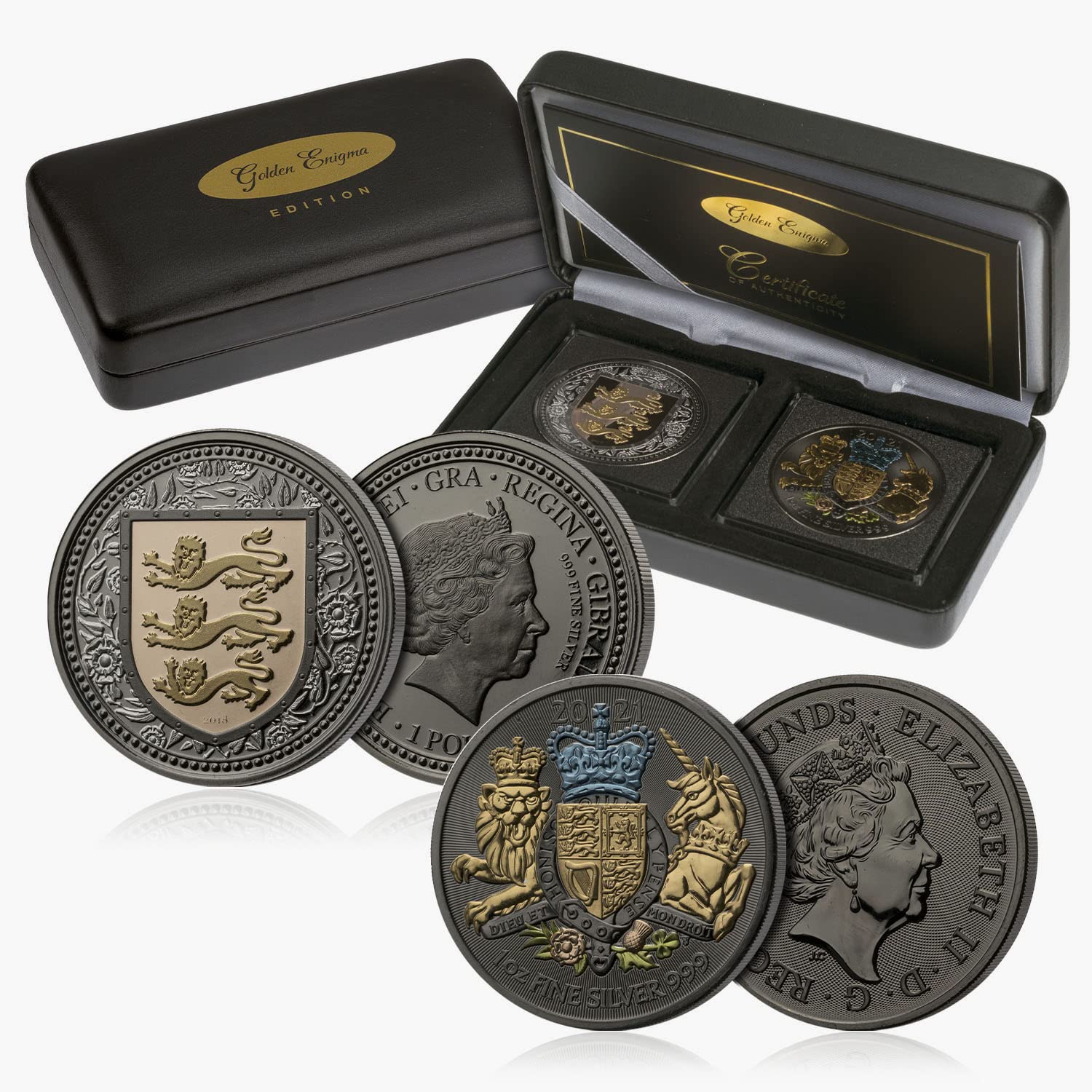 The Koin Club Royal Arms of England Golden Enigma Set Black Ruthenium .999  silver Rose Gold Coins : Amazon.co.uk: Toys & Games