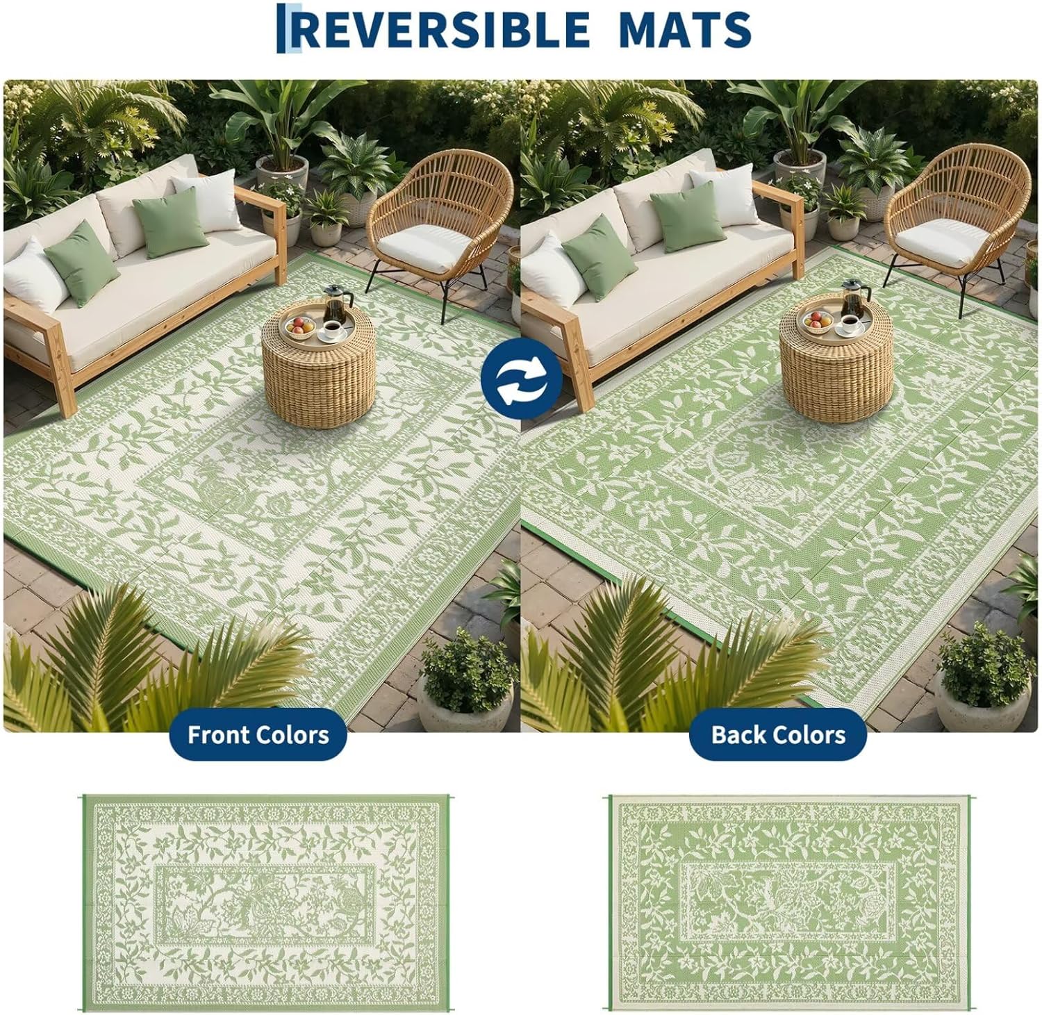 Garvee Outdoor Rug 8x10, Waterproof Reversible Foldable Plastic Straw Rug, Botanical cottagecore Outdoor Rugs Patio Camping RV Carpet for Deck Camper Porch Balcony Picnic Beach Gray sage Green