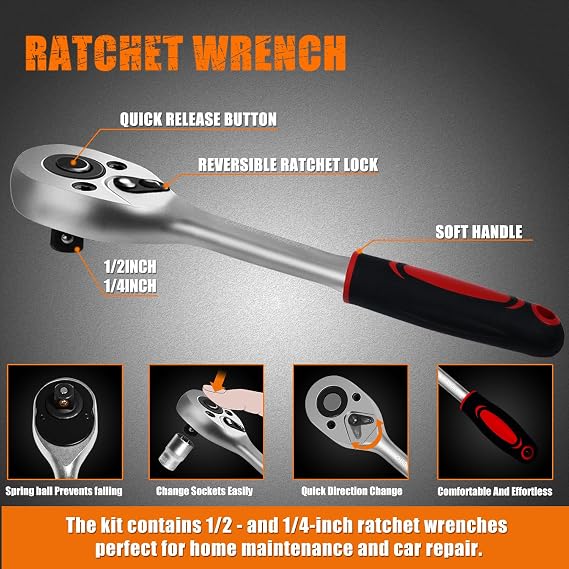 XHTT Mechanics Tools Kit,108-Piece 1/4&1/2 Metric And Standard Socket Set,Ratchet Set,Quick Release Reversible Ratchet Wrench,Universal Joint,Extension Bars.
