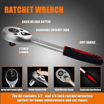 XHTT Mechanics Tools Kit,108-Piece 1/4&1/2 Metric And Standard Socket Set,Ratchet Set,Quick Release Reversible Ratchet Wrench,Universal Joint,Extension Bars.