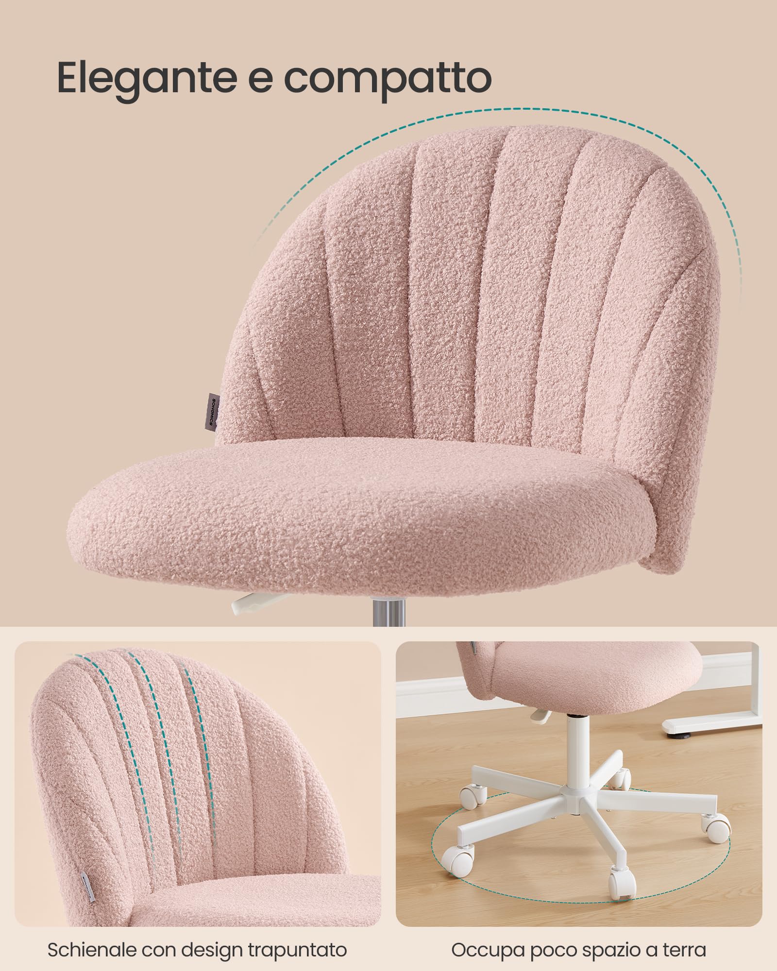 SONGMICS Sedia da Ufficio, Sgabello da Trucco in Tessuto Peluche, Sedia da Scrivania Imbottita in Gommapiuma, Regolabile in Altezza, Studio Camera da Letto Cabina Armadio, Rosa Pastello OBG027SA01
