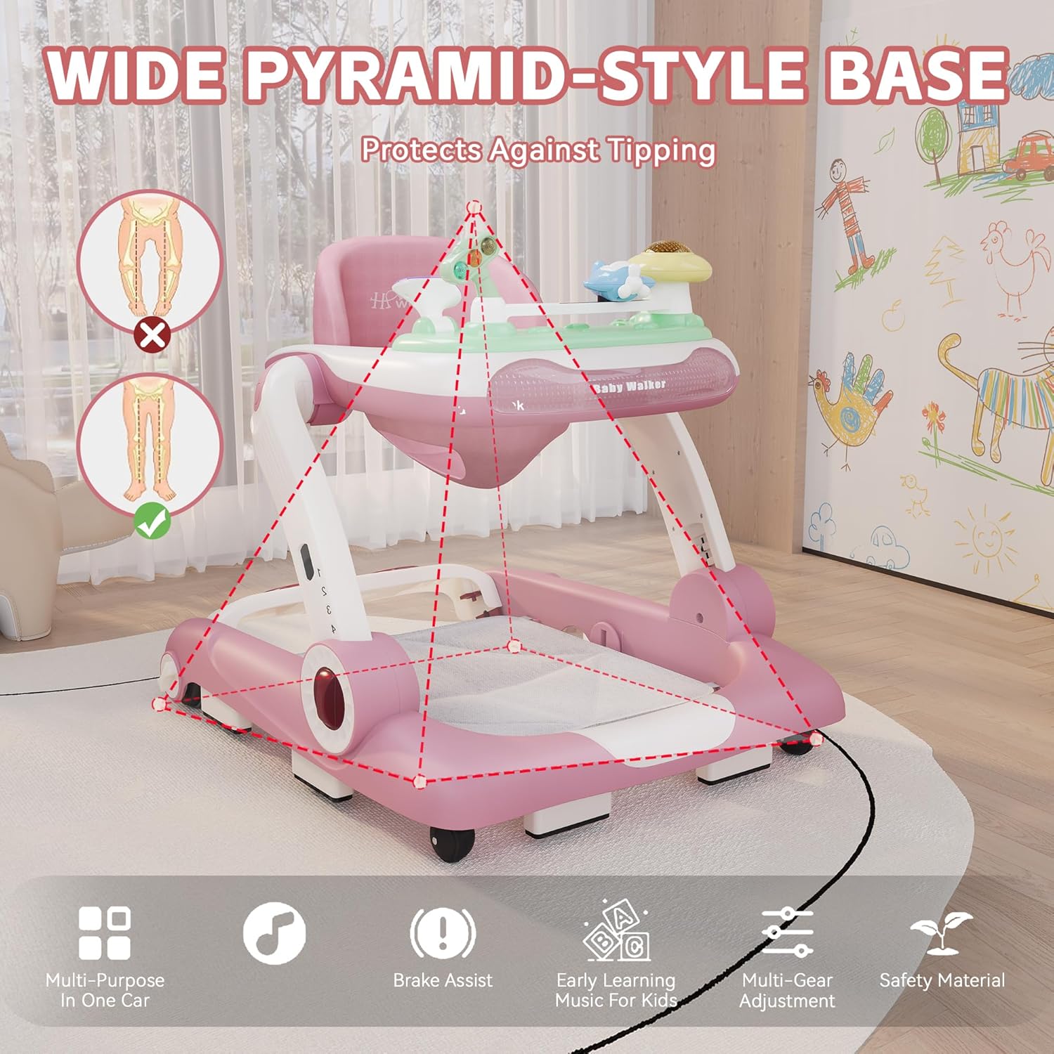 Baby Walker with Wheels, 5 in 1 Walker for Baby Boy Girl 6-12 Months with Bouncer, Music and Lights Baby Jumper Activity Center, Adjustable Height Speed, Push Walker for Ages 6-18 Months Toddler - Image 4