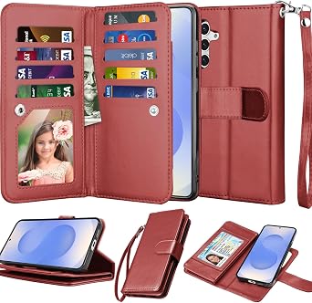 Njjex Galaxy S25 Case, for Samsung Galaxy S25 Wallet Case, [9 Card Slots] PU Leather ID Credit Holder Folio Flip [Detachable] Kickstand Magnetic Phone Cover & Lanyard for Samsung S25 [Wine Red]