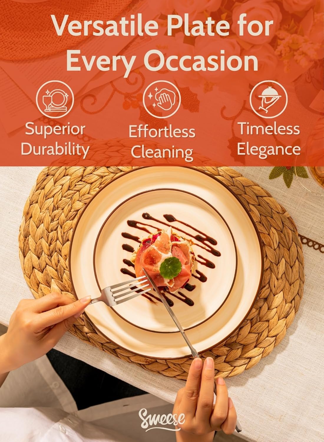 Sweese 7.4 Inch Porcelain Dessert Plates - Round Salad, Appetizer Plate Set for Kitchen, Small, Dishwasher Microwave Safe, Set of 6, Neutral - Image 4