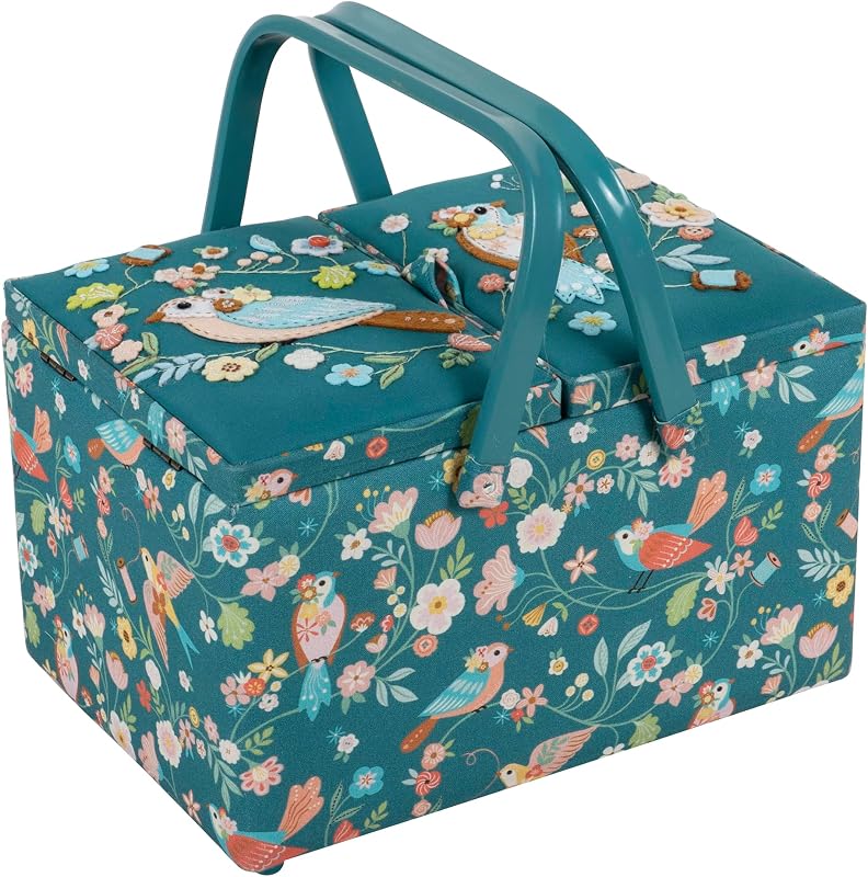 Hobby Gift Large Twin Lid Sewing Box | Craft Storage Box with Handle, Internal Tray, Pin Cushion and Pockets, For Sewing Knitting and Hobby Supplies