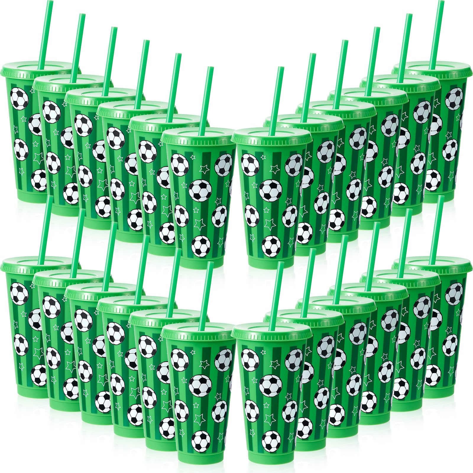 Uiifan Lot de 24 gobelets en plastique réutilisables avec couvercle et paille – Cadeaux pour entraîneur, garçon, ami, fan de football, hommes et femmes (vert, style football, 700,8 ml)