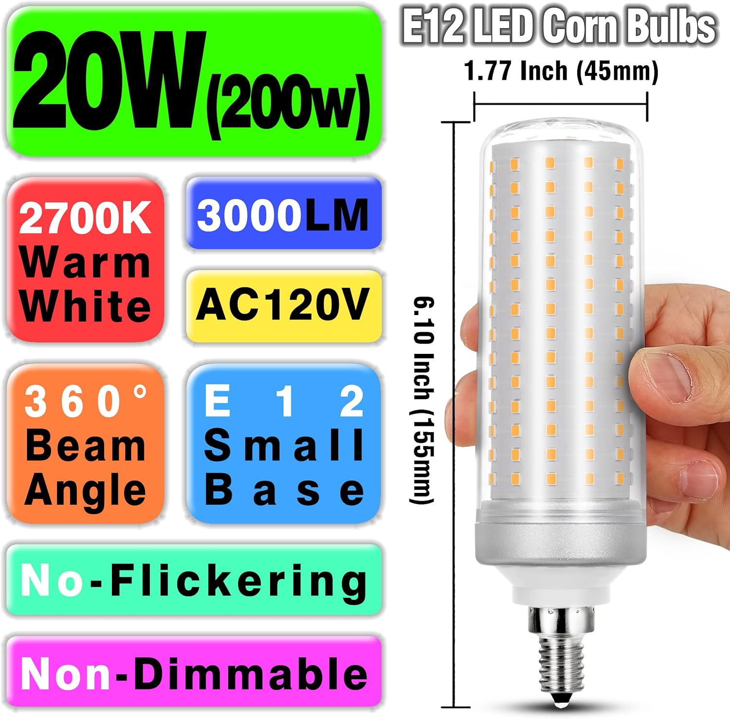 Big Size 1.77x 6.1 inch, E12 200w LED Candelabra Bulbs C7 Replacement,2700K Warm White,3000 Lumen T6 E12 20W LED Chandelier Light Bulbs for Ceiling Fan Pendant Lighting Floor Lamp,Non-dimmable,3 Pack