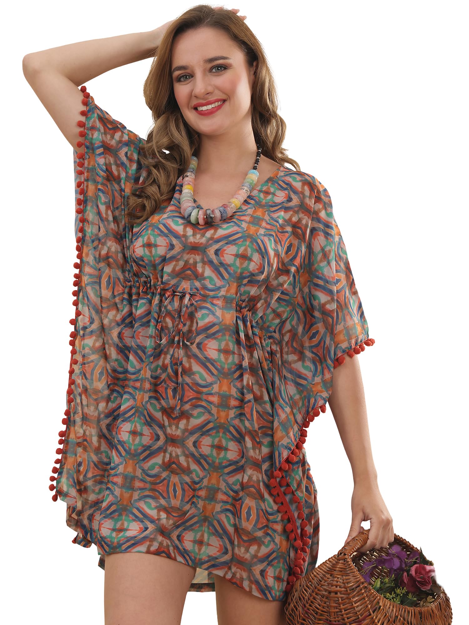 claura Women's Beach Cover up Sarong, Orange Floral Print, Georgette, Free Size, Lightweight Swimwear Top-picture-44