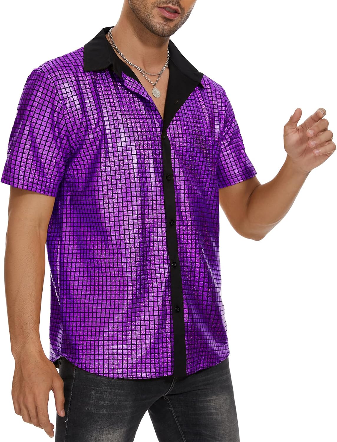 Century Star 70s 80s Disco Outfits Shirt for Men-Vintage Metallic Button Up Party Shirts - Image 4