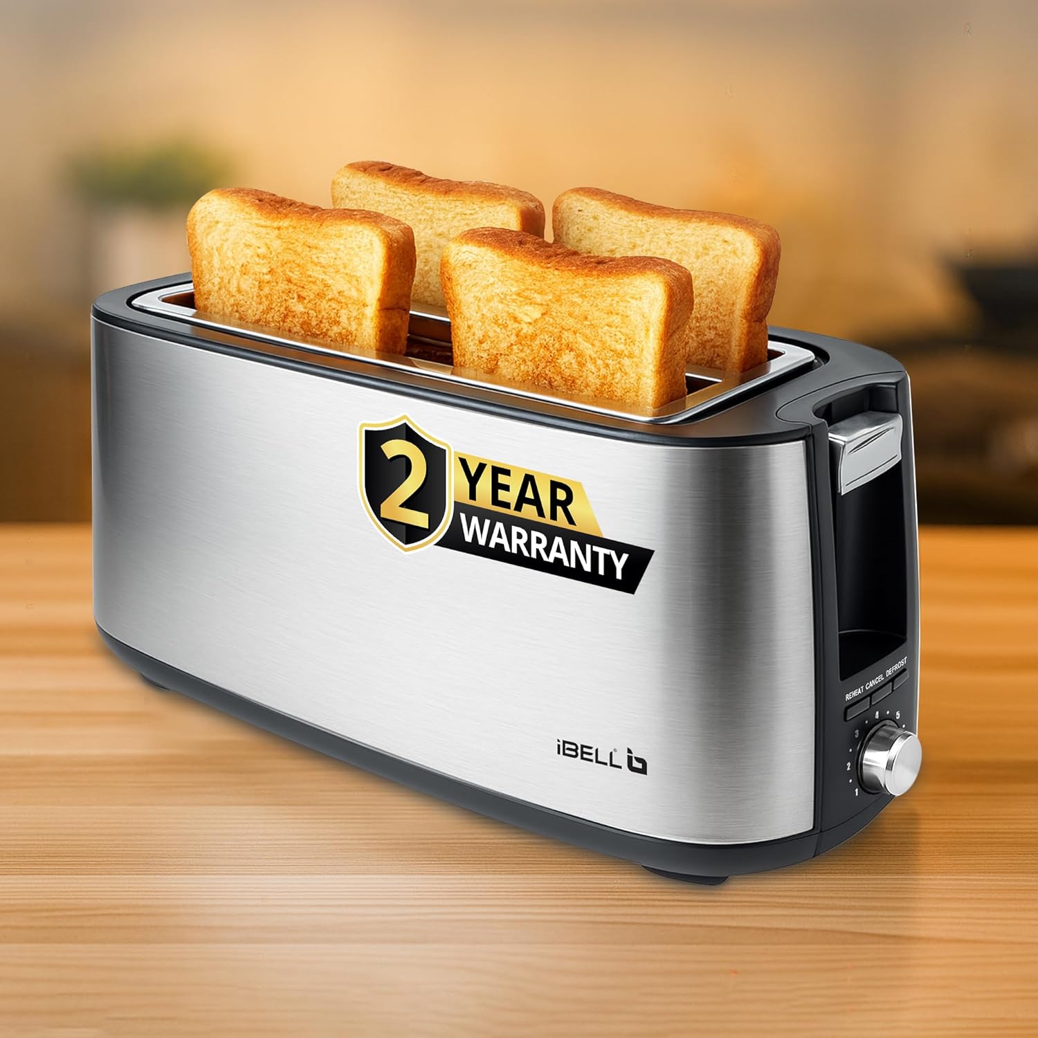 iBELL Toaster CrustoF40 Auto Pop-up 4 Slice Bread Toaster with Removable Crumb Tray, Auto Shutoff, Defrost/Reheat/Cancel Button, 7 Levels Browning Controller, Led Light Indicator, 2 Year Warranty