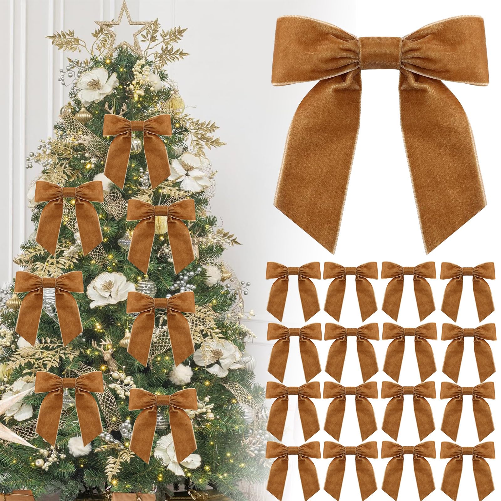 16P Christmas Khaki Velvet Ribbon Gift Bows,4.3" Brown Velvet Bows with Twist Ties,Christmas Tree Bow,Vintage Wedding Velvets BowXmas Wreaths Garland Velvets Ribbon for Pretied Gift Wrapping Bows