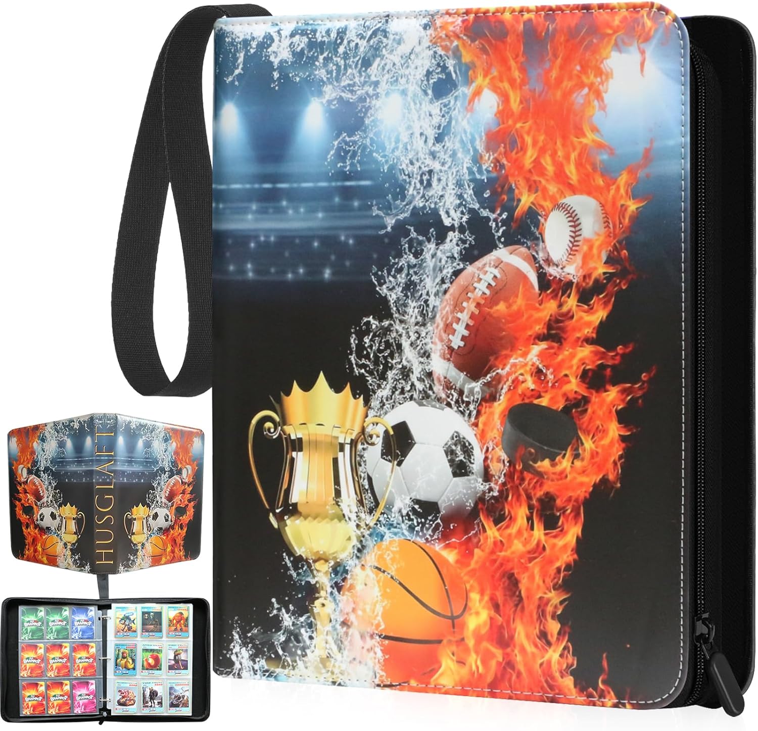 Card Binder 9 Pocket for Trading Cards, Holds 990 Cards with 55 Removable Sleeves, PU Material, Portable Zipper Collection Album, Sports Theme